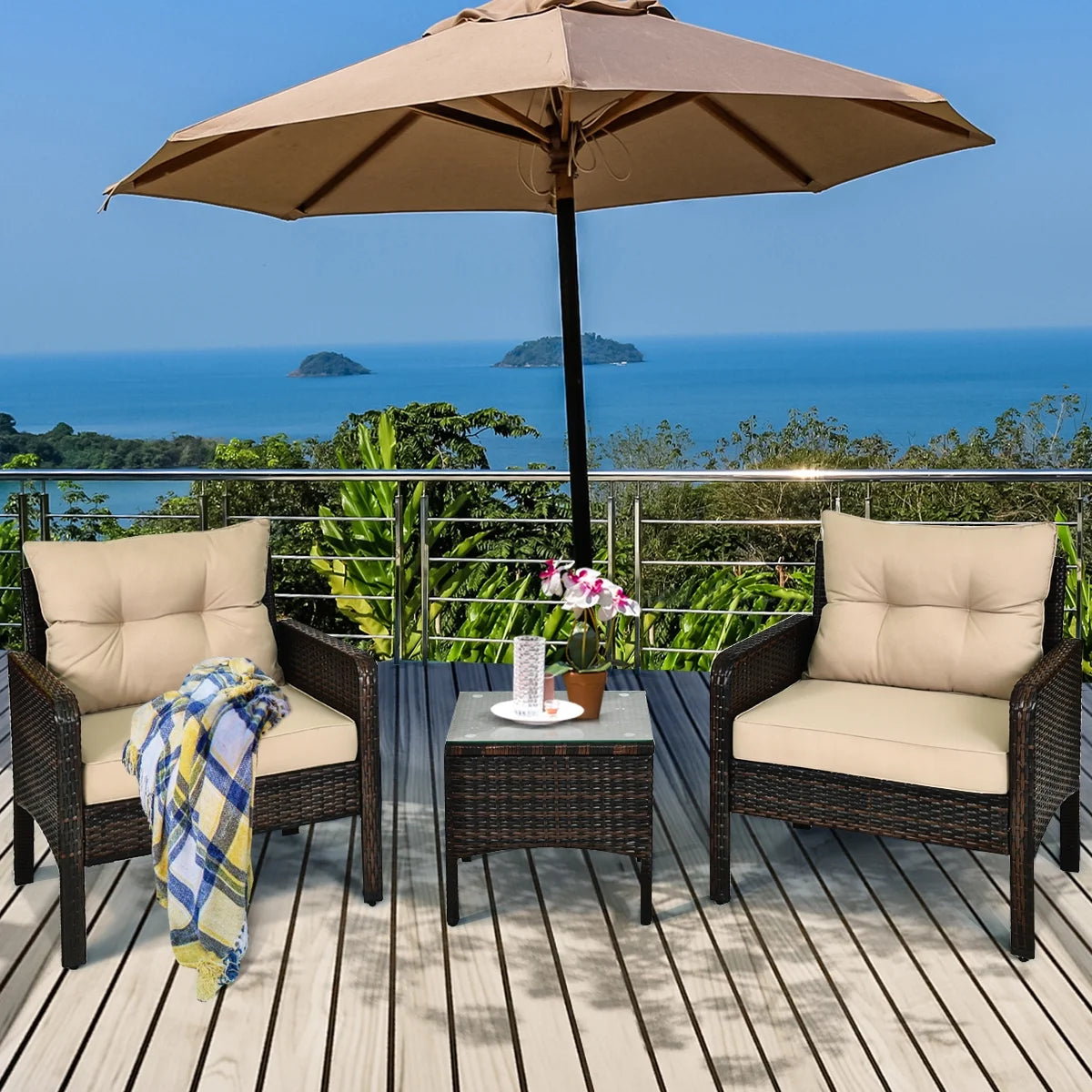 3PCS Outdoor Rattan Conversation Set Patio Furniture Cushioned Sofa Chair Red