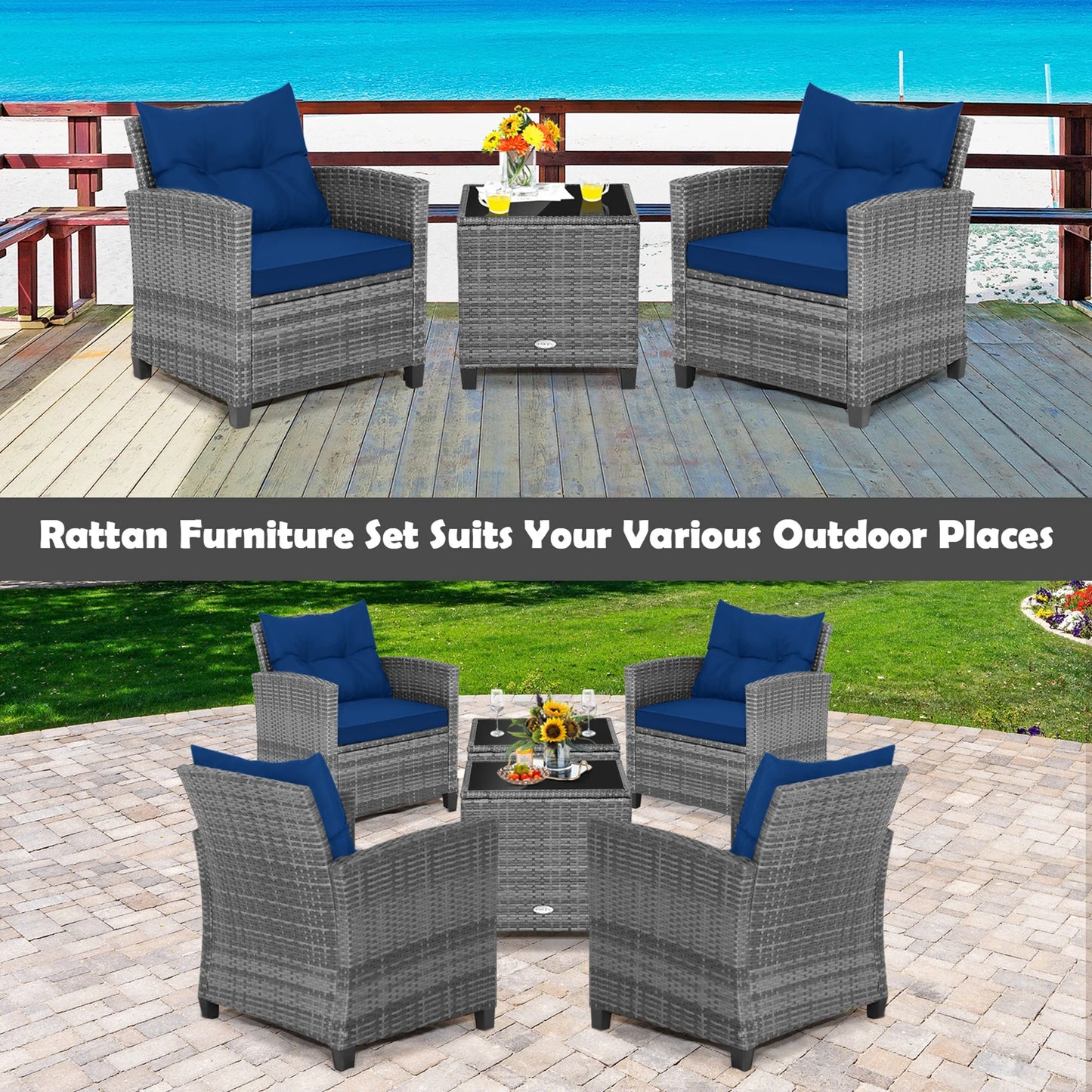 3PCS Patio Rattan Furniture Bistro Set Cushioned Sofas Side Table Armrest Navy