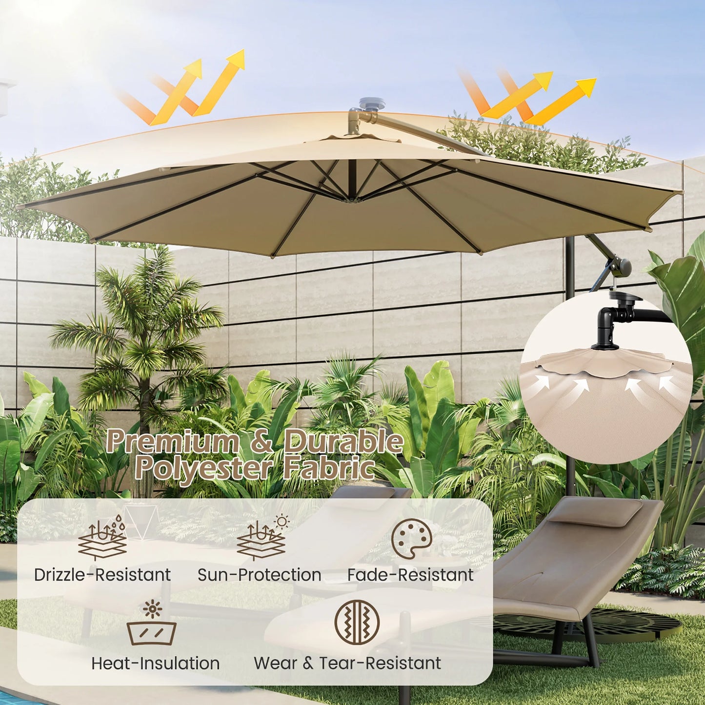 10FT Patio Solar-Lighted 112 LED Cantilever Offset Umbrella Crank Tilt Outdoor Beige