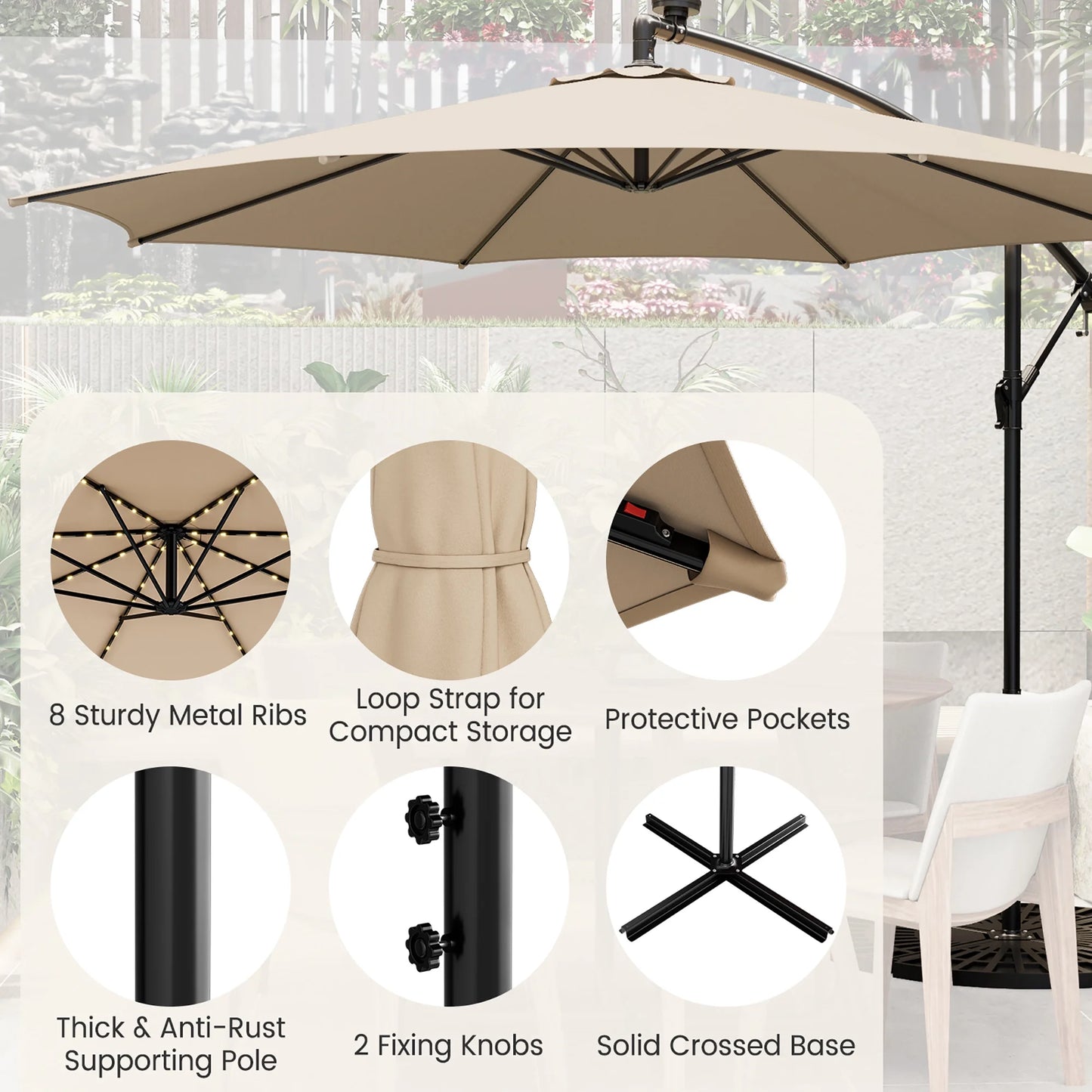 10FT Patio Solar-Lighted 112 LED Cantilever Offset Umbrella Crank Tilt Outdoor Beige