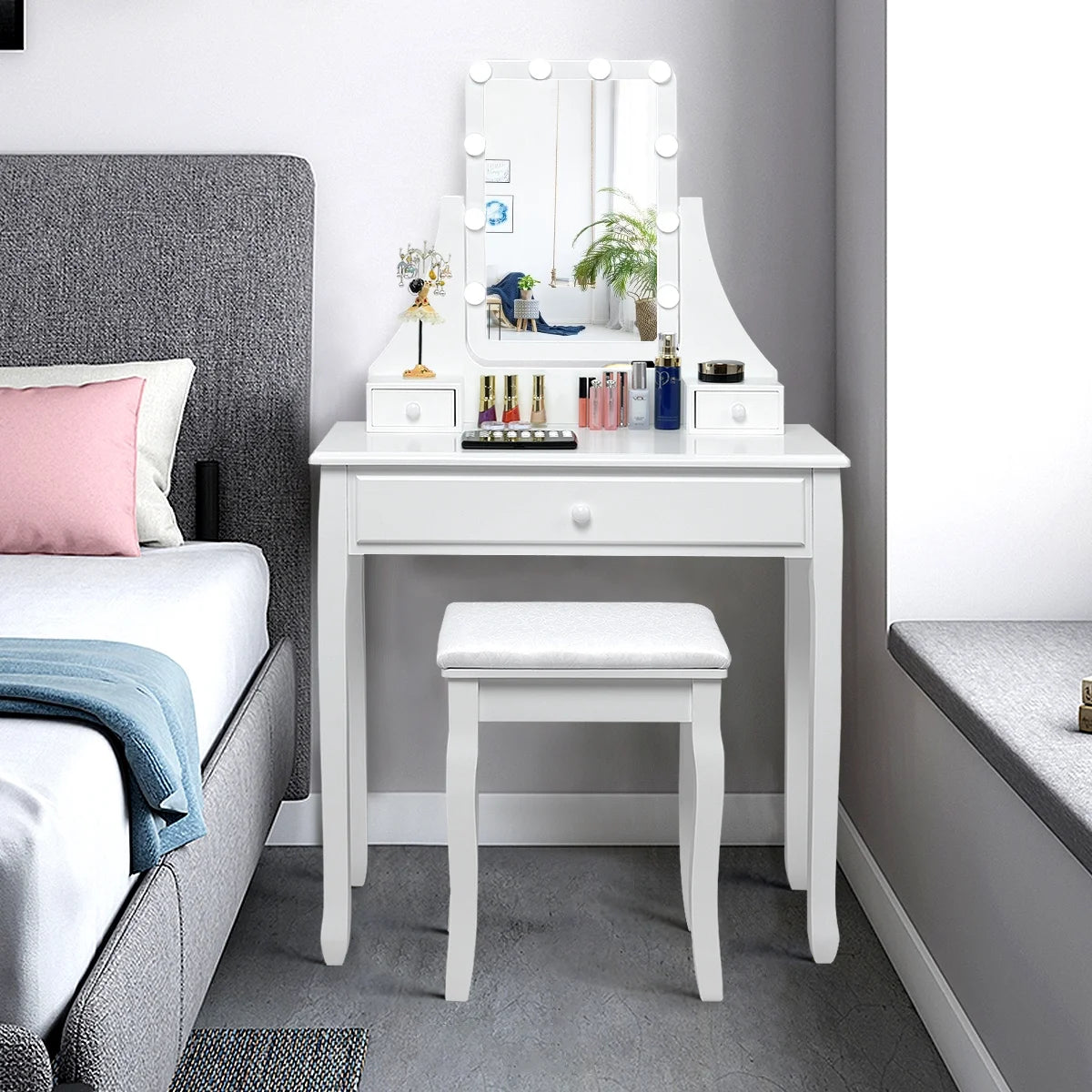 Vanity Table 10 Dimmable Bulbs Makeup Dressing Desk White