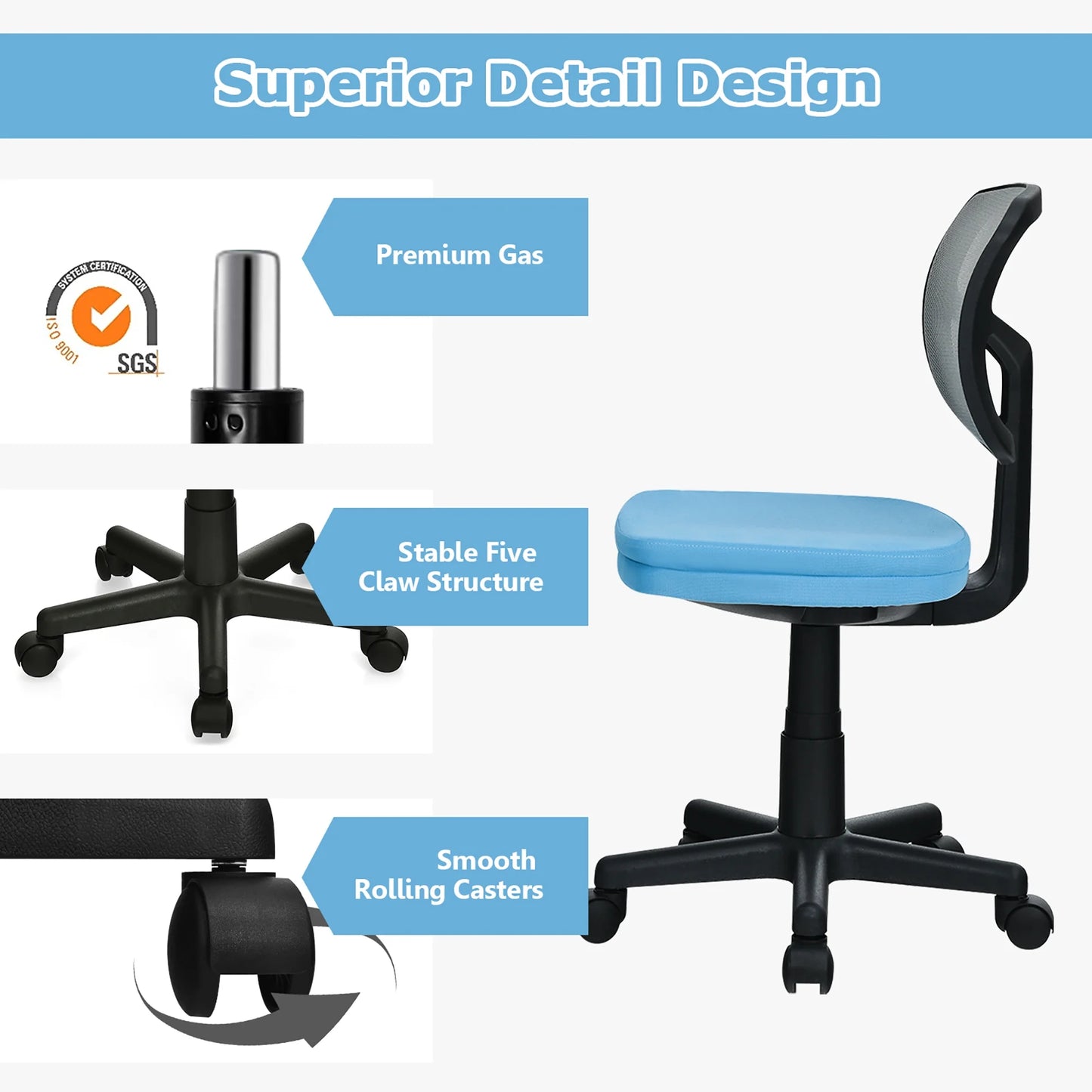Armless Office Chair Adjustable Swivel Computer Mesh Desk Chair Blue