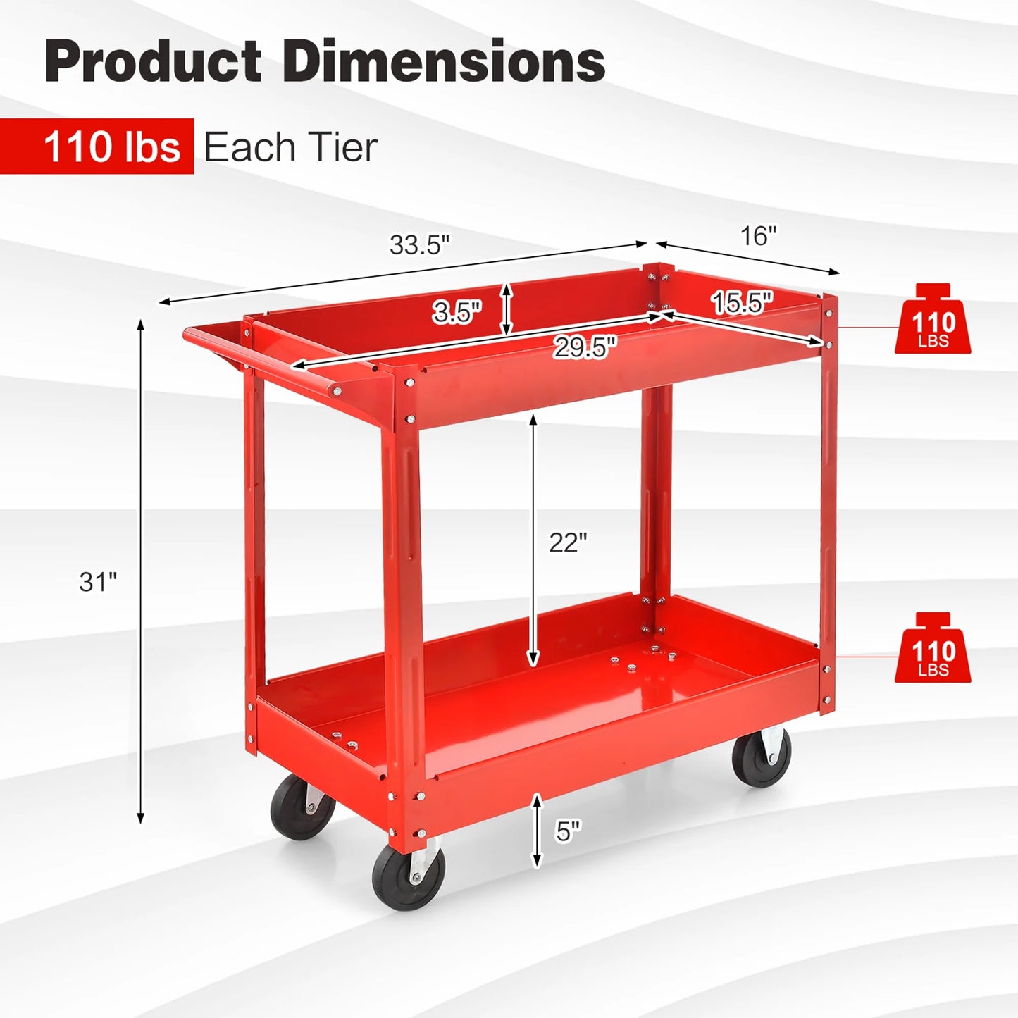 2-Tier Utility Cart Metal Service Cart Rolling Tool Storage Organizer with Handle Red