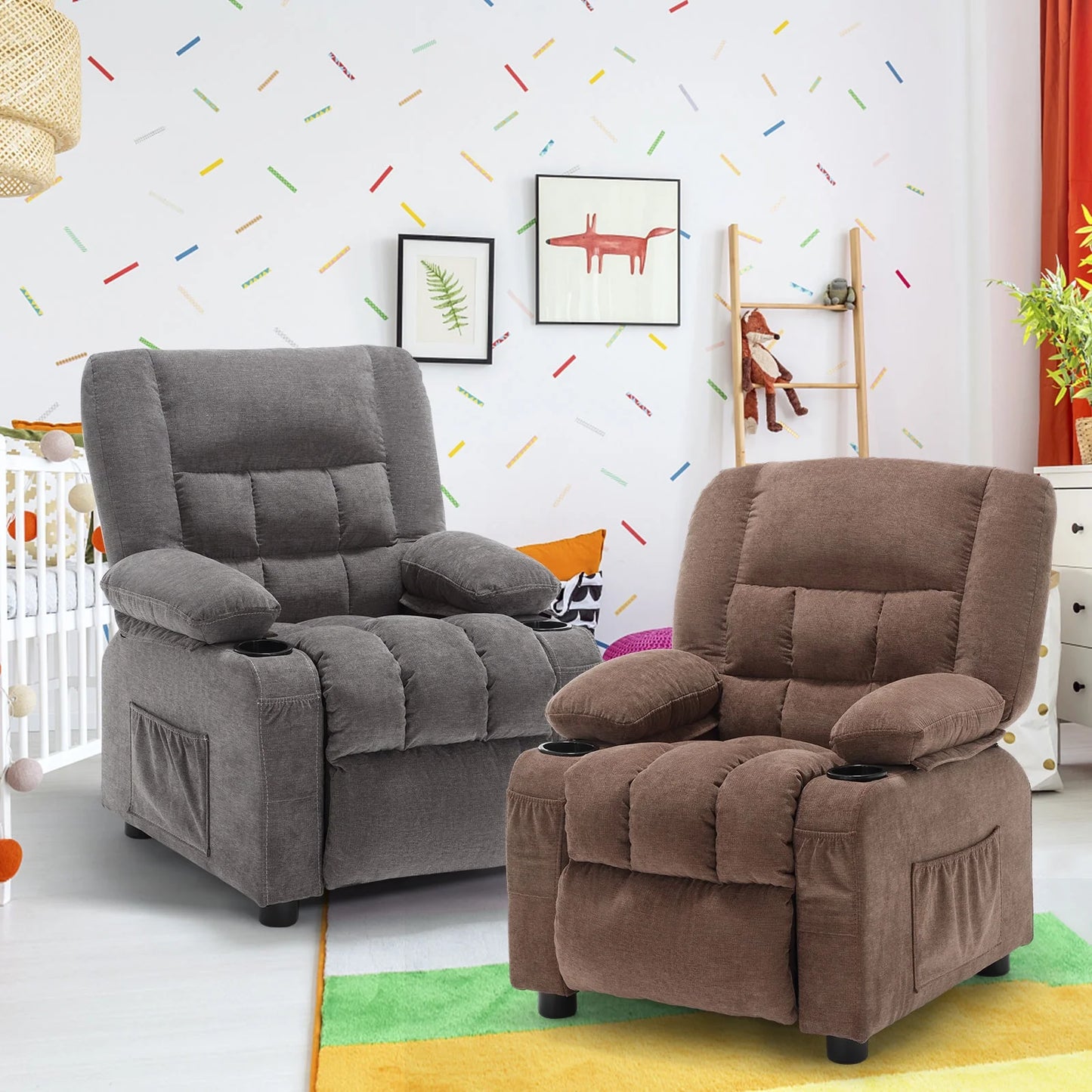 Kids Recliner Chair,Push Back Toddler Recliner with Cup Holders & Side Pockets,Adjustable Footrest & Headrest Kids Sofa for Boys Girls 3+ Age Group, Grey