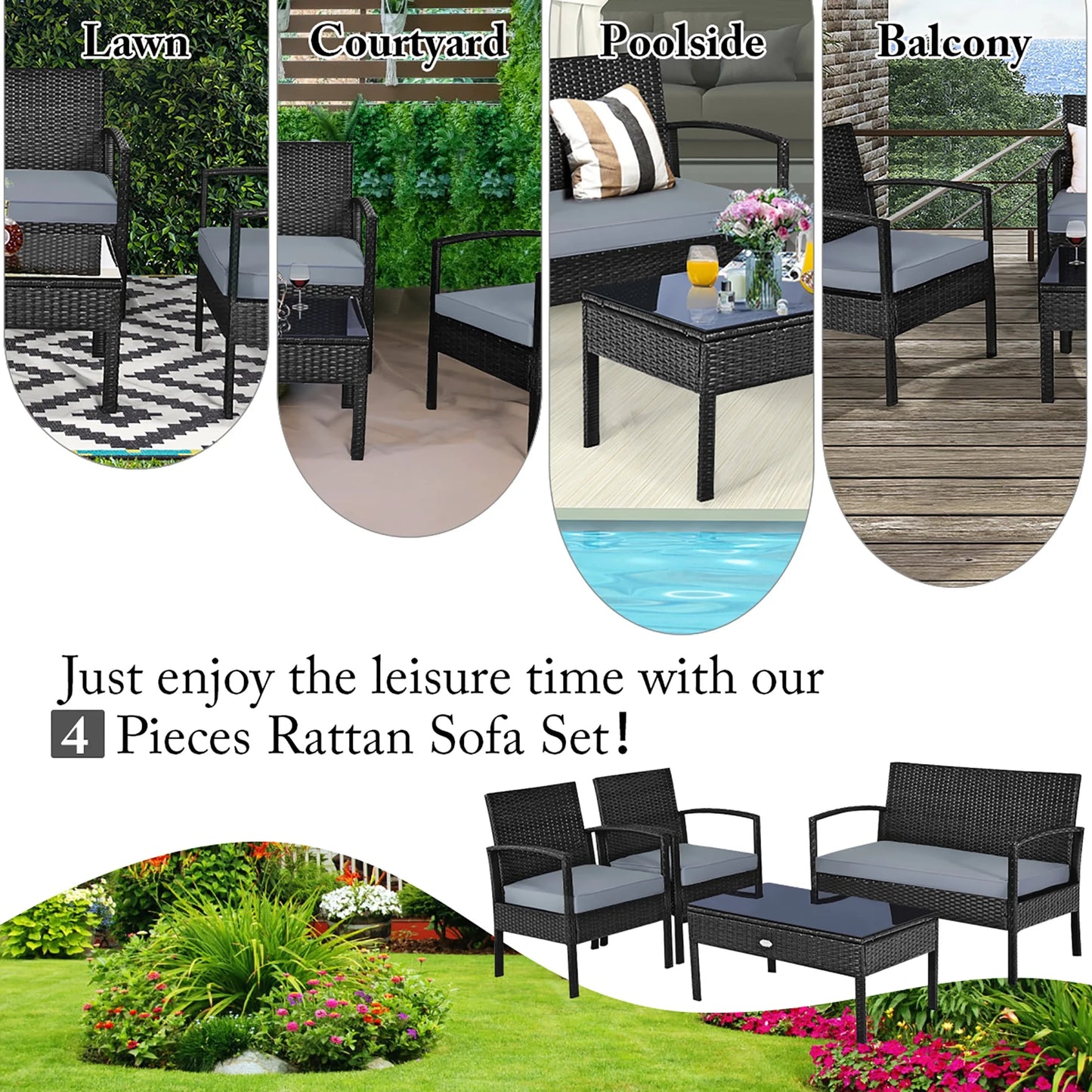 HW63756 4PCS Patio Rattan Furniture Set Garden Deck