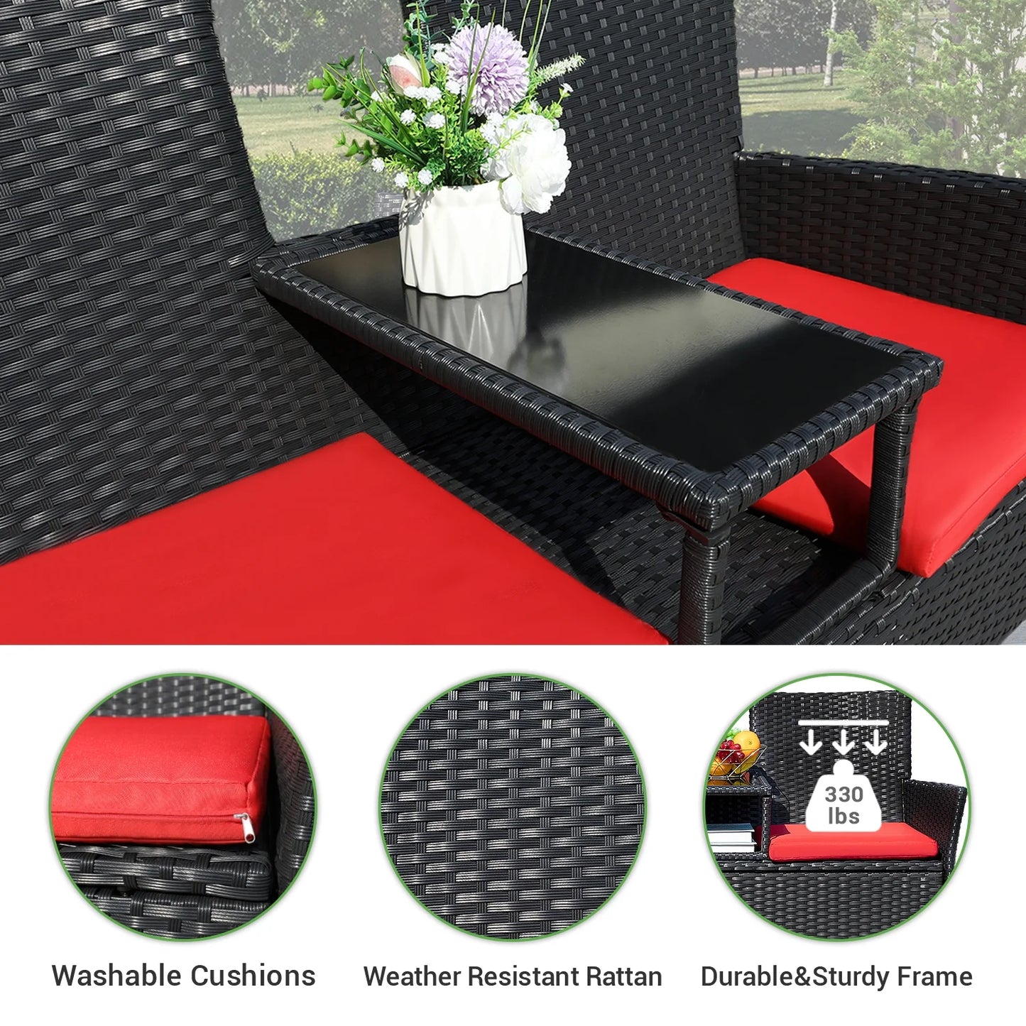 Outdoor Patio Loveseat Modern Rattan Patio Conversation Furniture Set with Cushions and Built-In Coffee Table Porch Furniture for Garden Lawn Backyard, Red