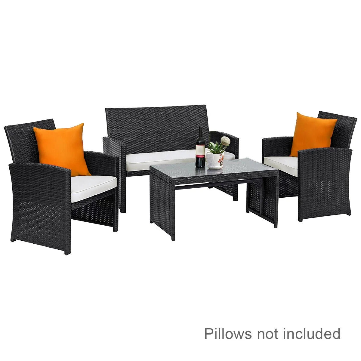 4-Piece Rattan Outdoor Conversation Set with Sofa and Coffee Table, Black
