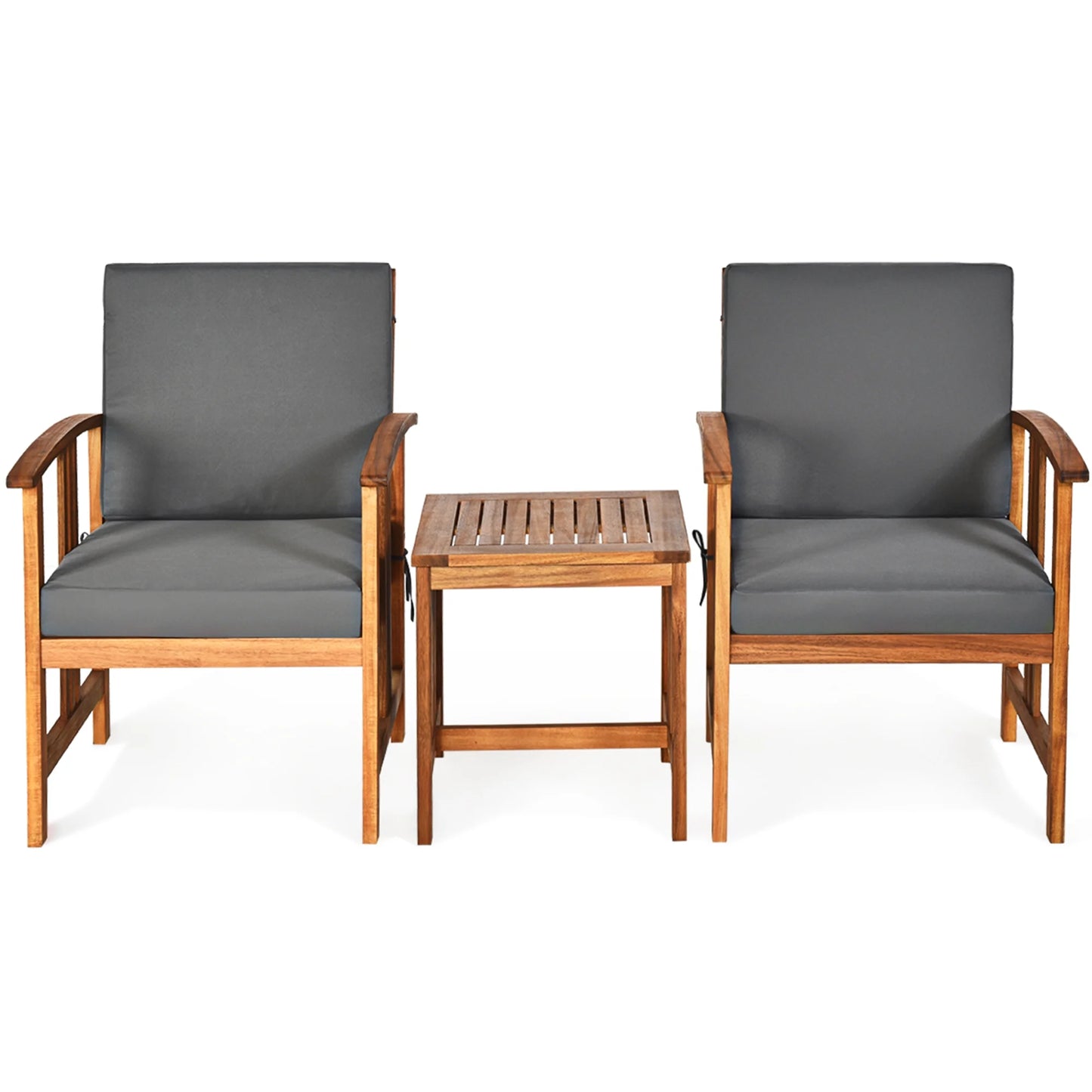 3PCS Solid Wood Patio Furniture Set Table&Chairs Grey Cushion