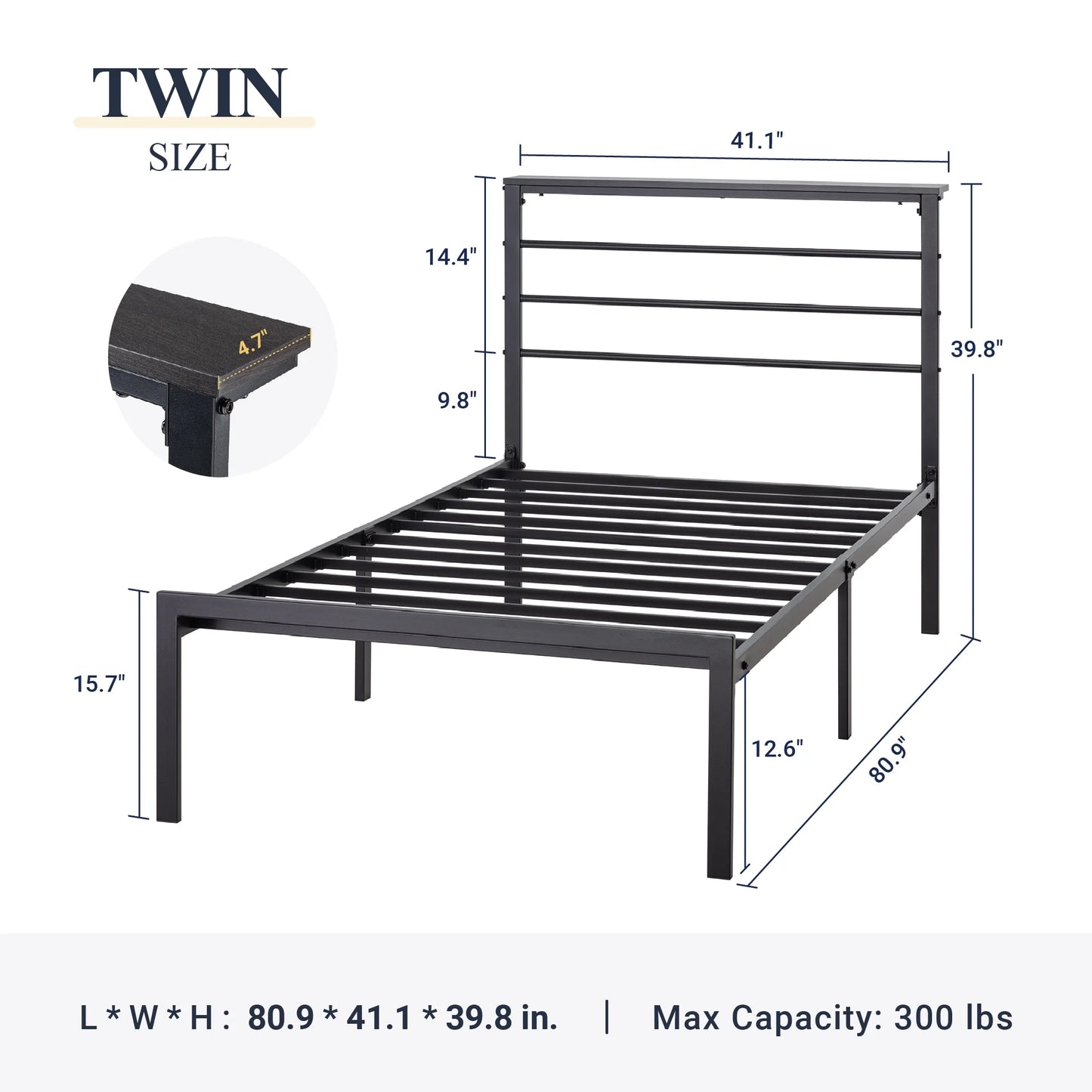 Twin Size Metal Platform Bed Frame with Black Shelf Headboard & Storage, Adult