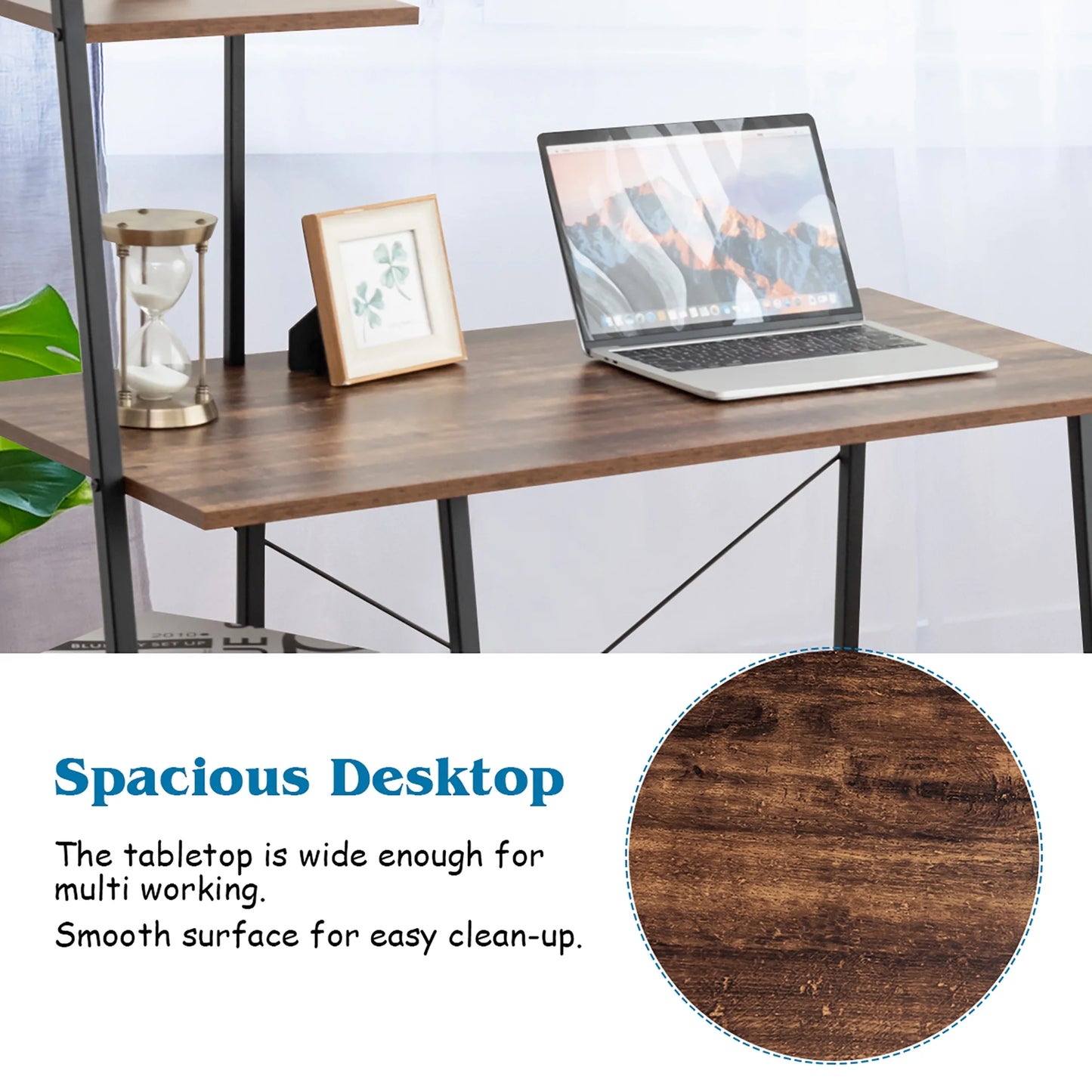 Modern Computer Desk with 3-Tier Storage Shelf CPU Stand Metal Frame for Bedroom