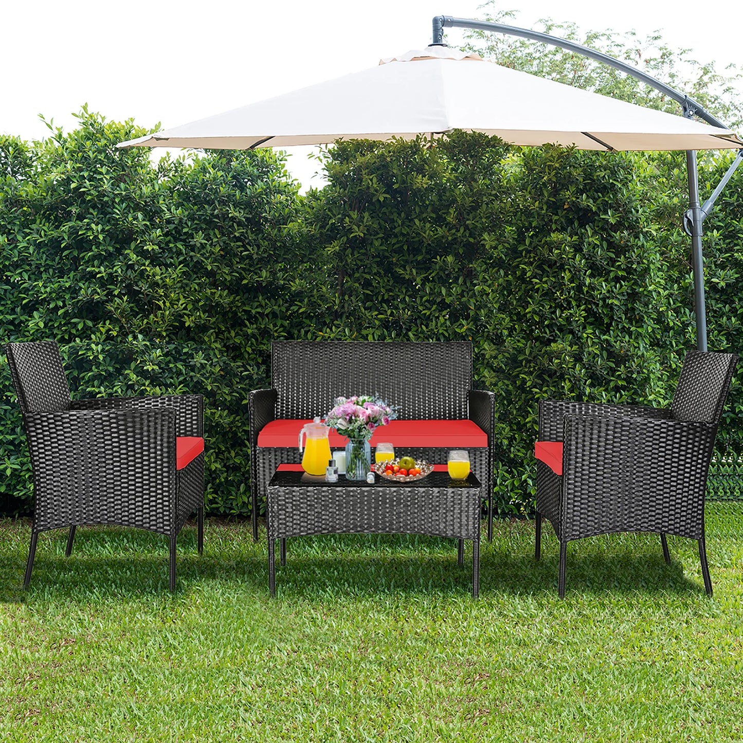 4PCS Patio Rattan Furniture Set Cushioned Sofa Coffee Table Backyard Porch Red