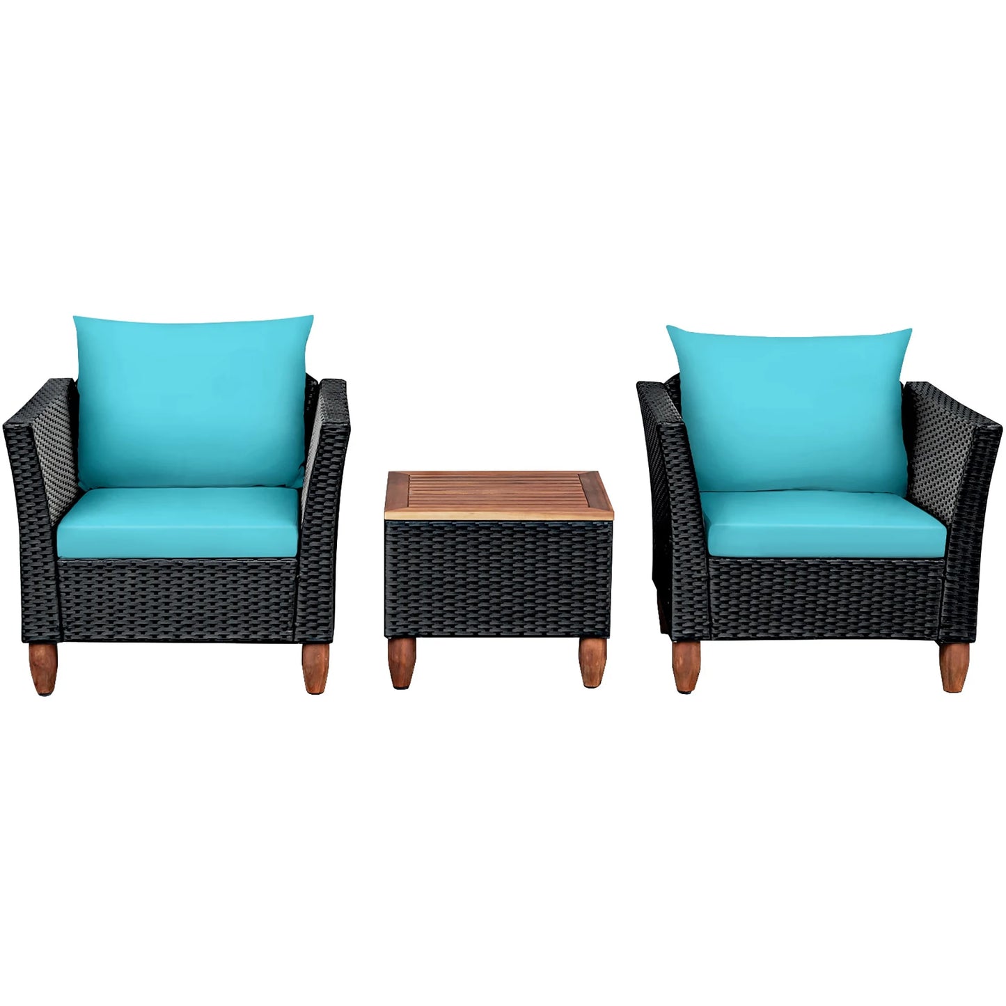 3PCS Outdoor Patio Rattan Furniture Set Wooden Table Cushioned Sofa Turquoise