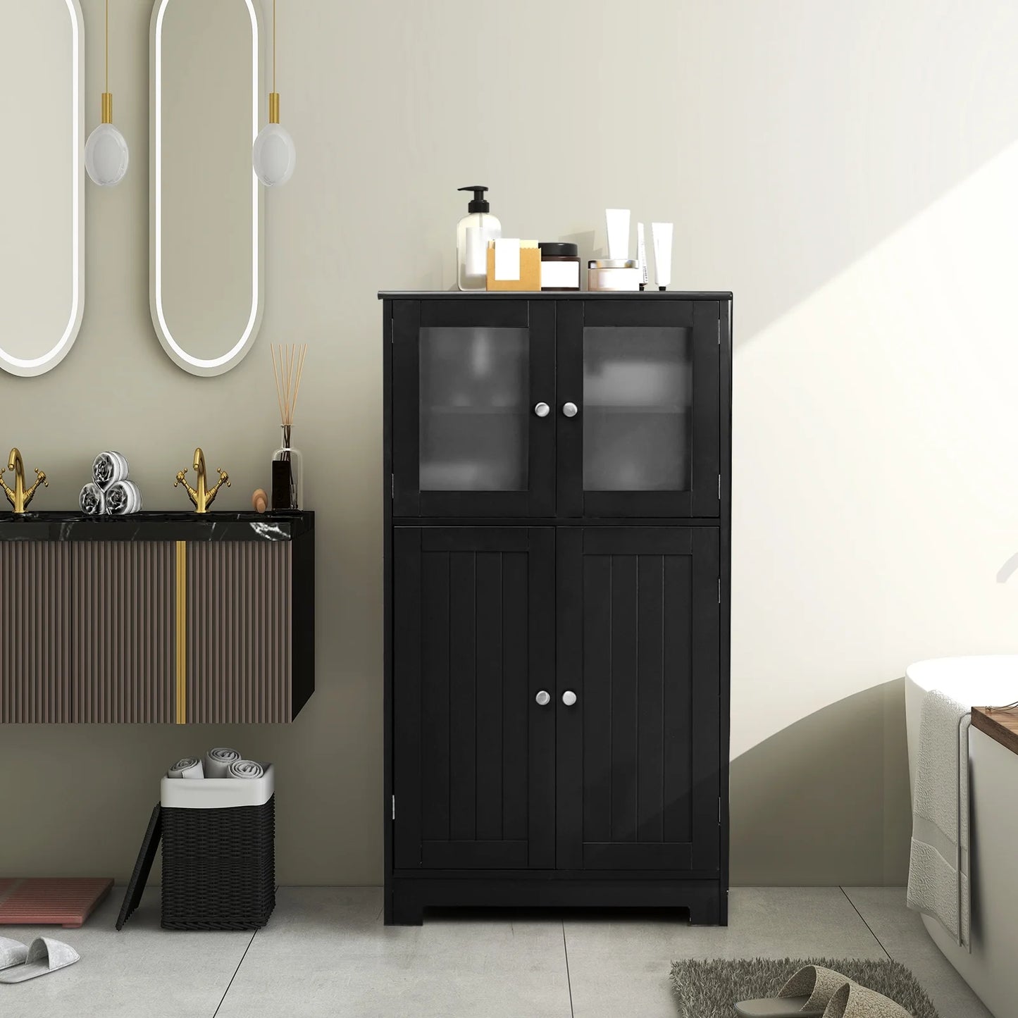 Bathroom Floor Storage Cabinet Kitchen Cupboard W/Doors&Adjustable Shelf Black