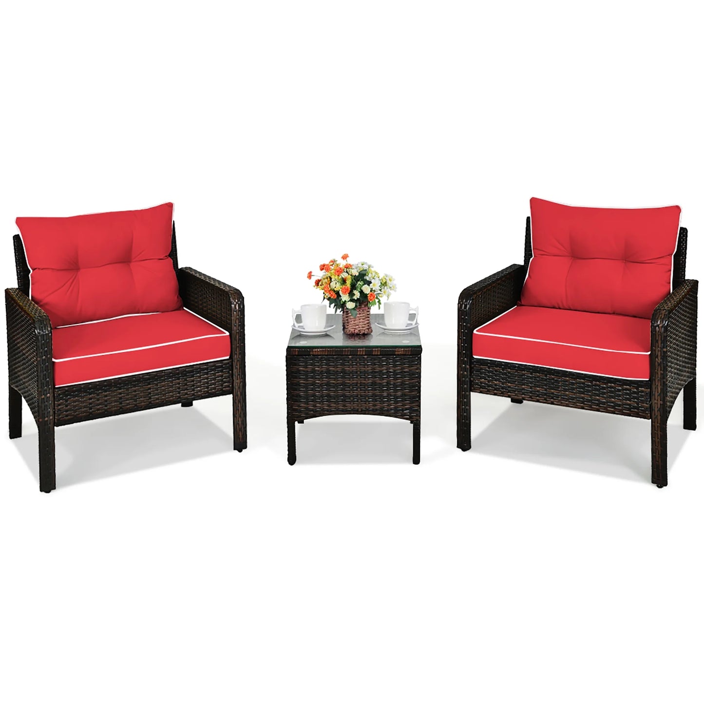 3PCS Outdoor Rattan Conversation Set Patio Furniture Cushioned Sofa Chair Red
