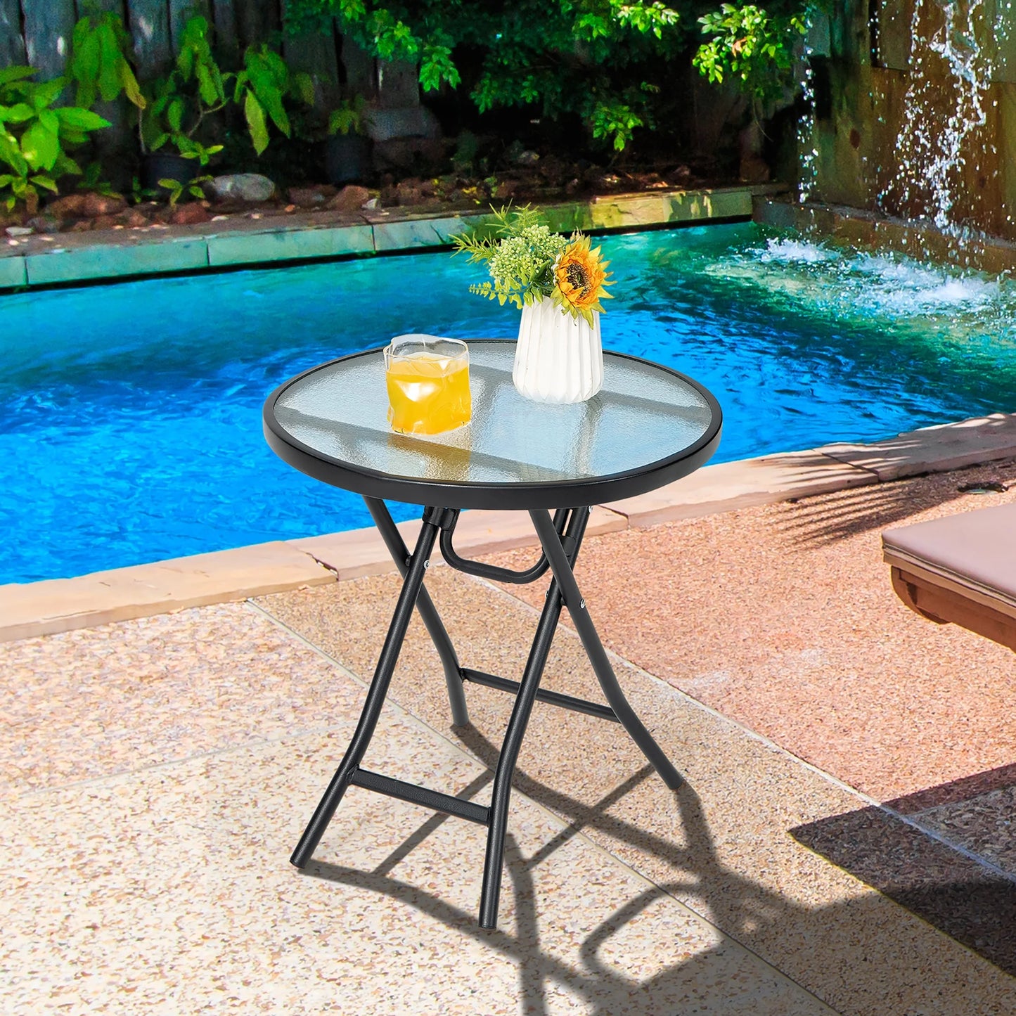 Patio Folding round Glass Side Table Bistro Coffee Table Plant Stand