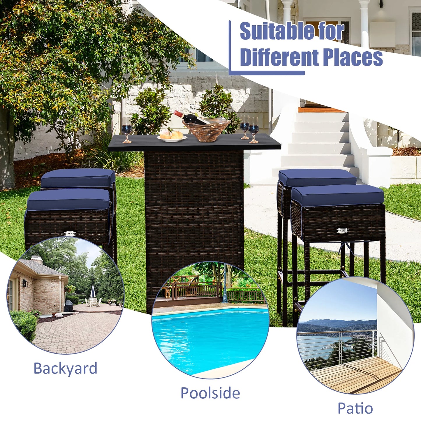 5PCS Patio Rattan Bar Table Stool Set Hidden Storage Shelf Cushioned Navy