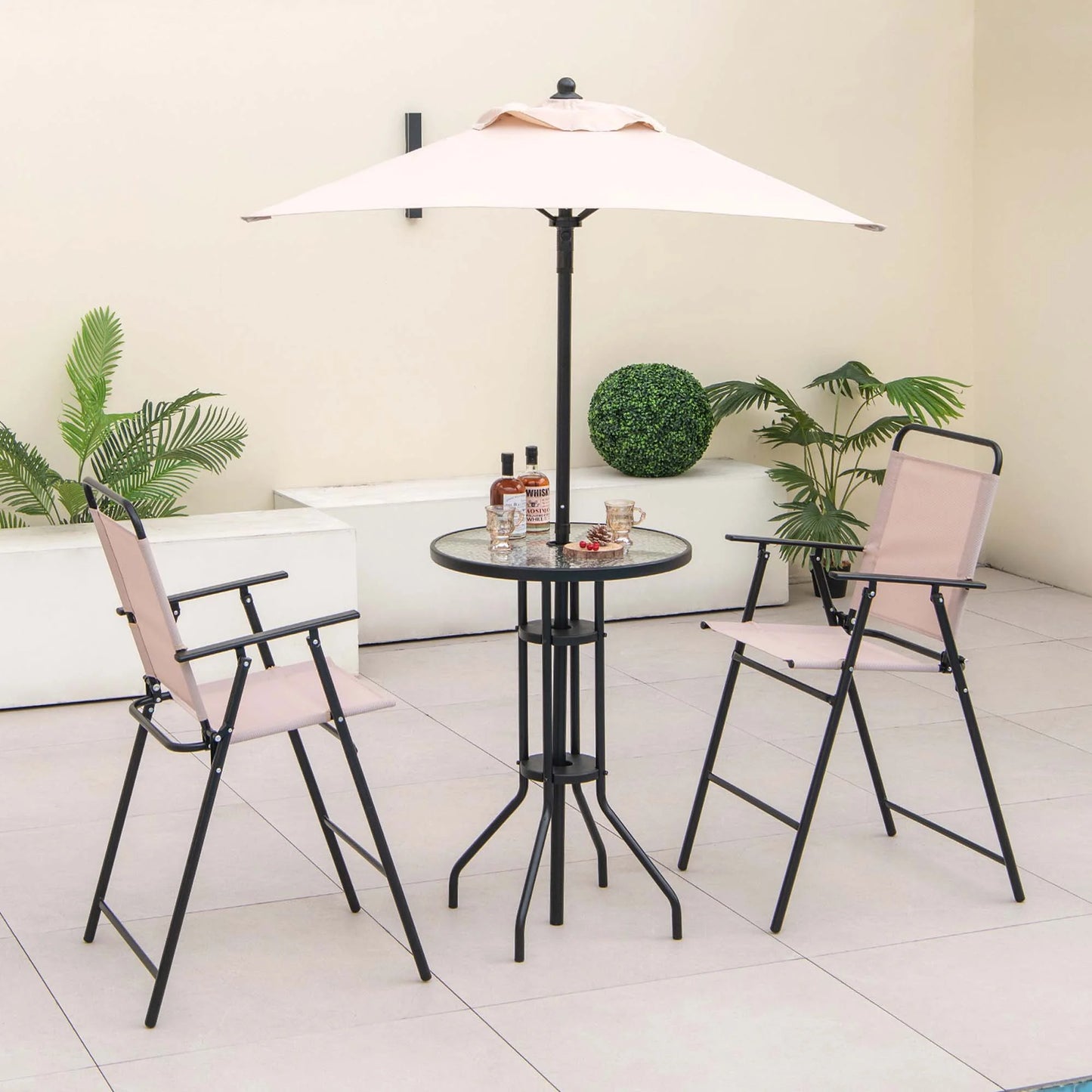 4PCS Patio Bistro Set Folding Counter Height Chairs round Bar Table& Umbrella