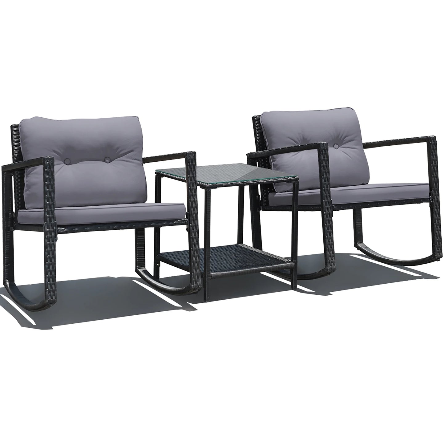 3PCS Patio Rattan Furniture Set Rocking Chairs Cushioned Sofa Gray