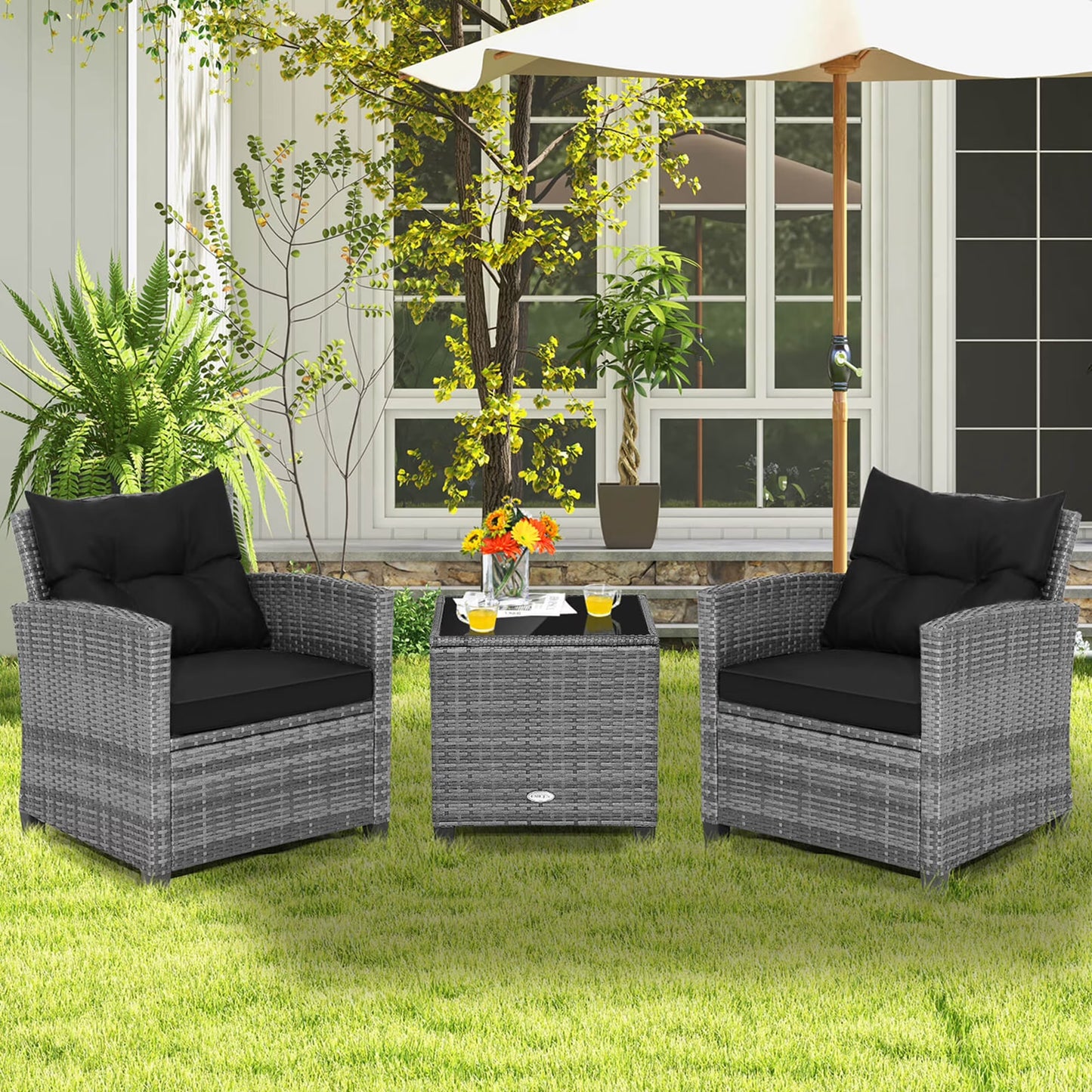 3PCS Patio Rattan Furniture Bistro Set Cushioned Sofas Side Table Armrest Navy