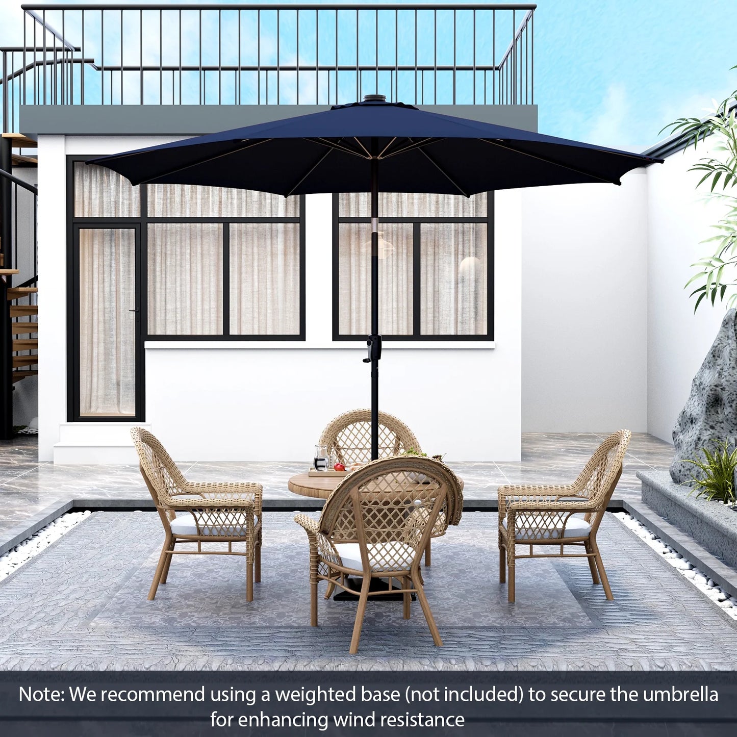 10' Navy round Market Patio Umbrellas, Solar Lighted