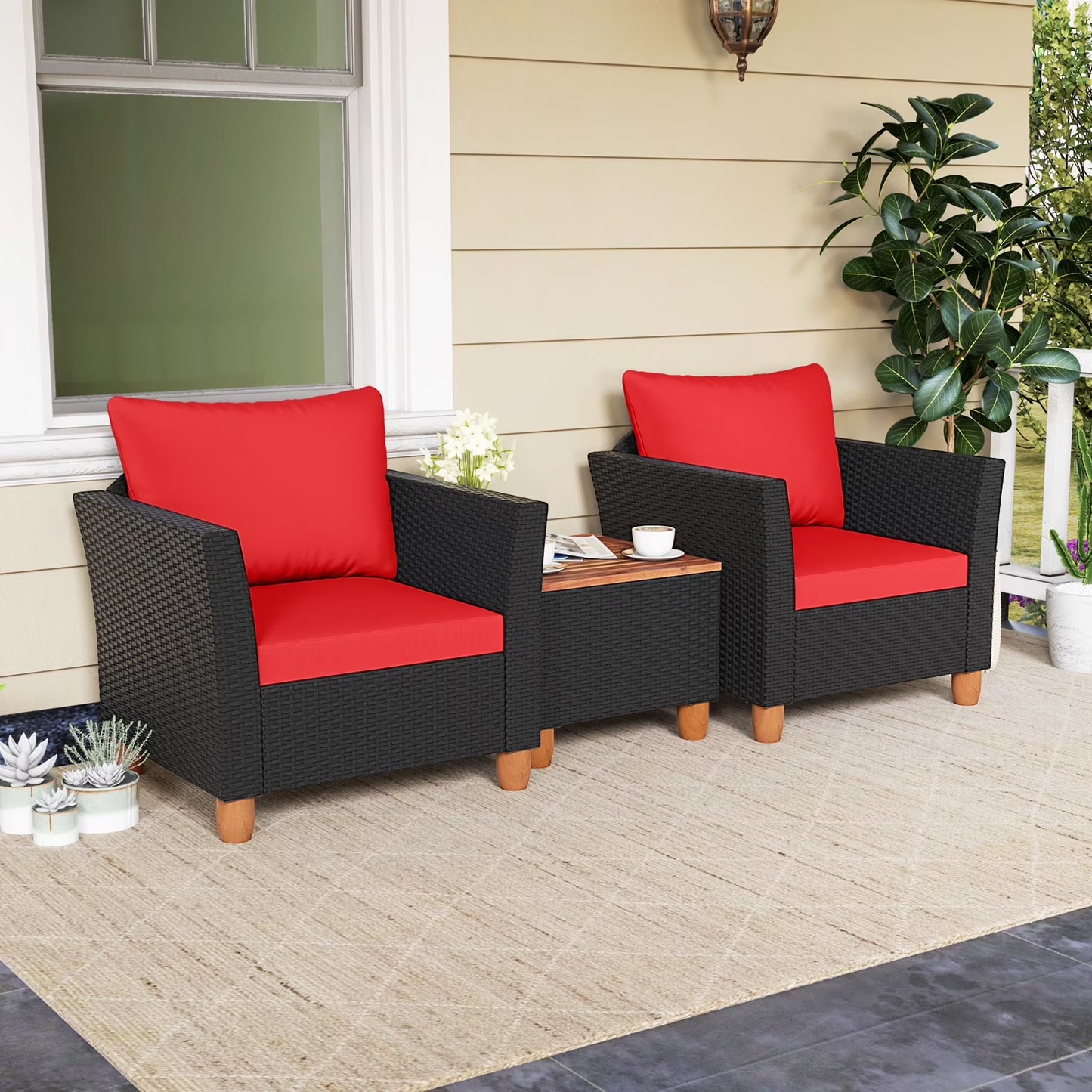 3PCS Outdoor Patio Rattan Furniture Set Wooden Table Cushioned Sofa Turquoise