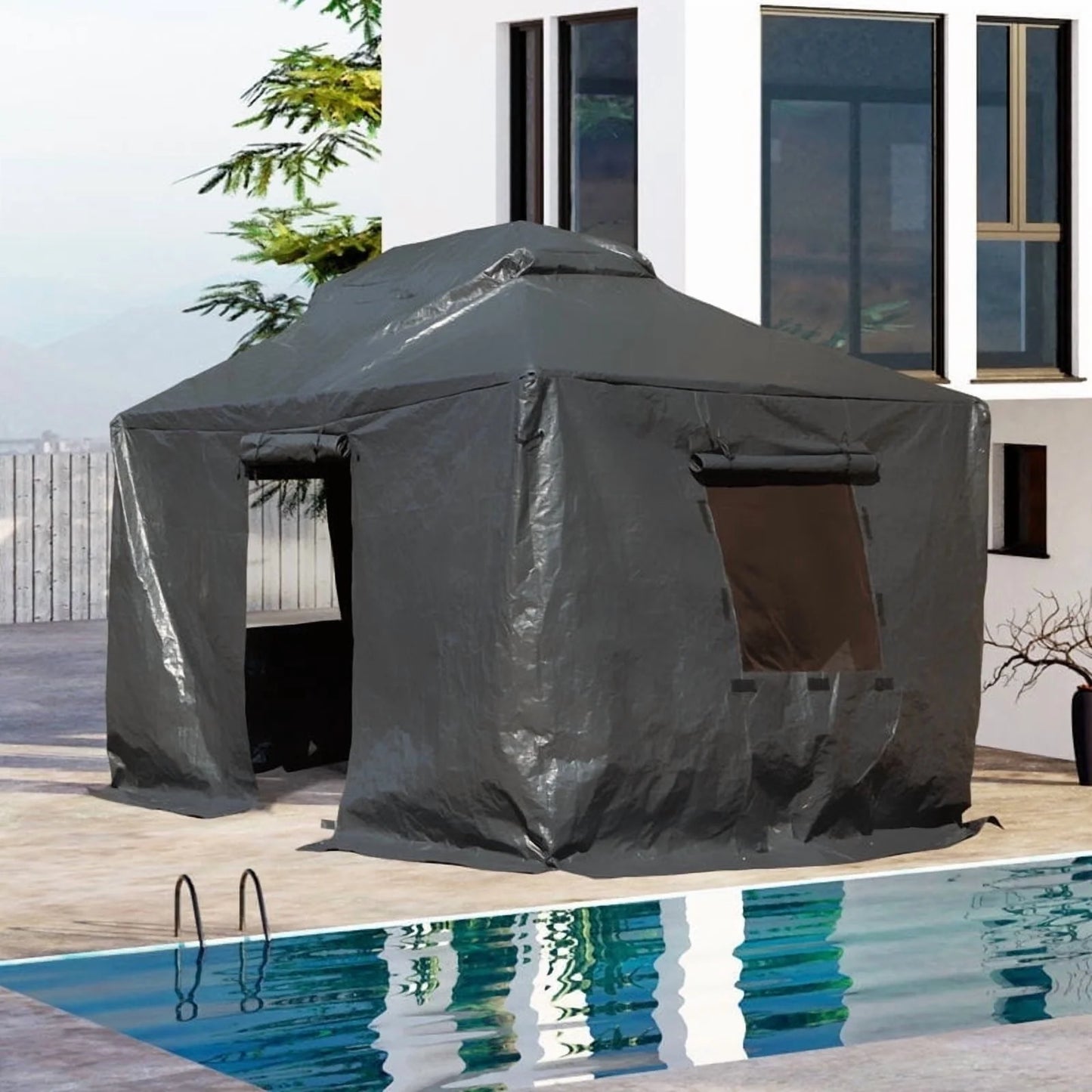 Gazebo Accessories 12' X 12' Double Roof Universal Winter Gazebo Cover for Hardtop Gazebos,Enclosed Cover with Sidewalls and Mesh Windows Waterproof (White) by