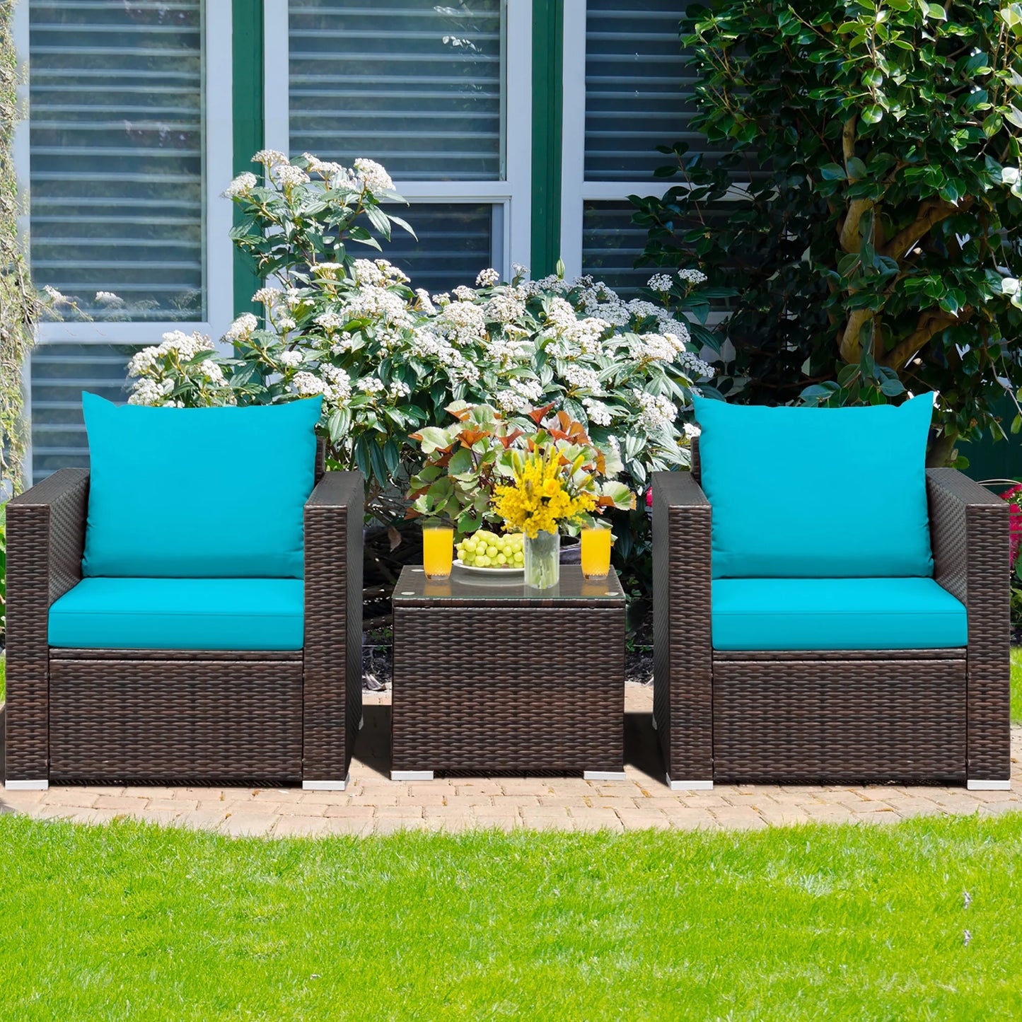 3PCS Patio Rattan Furniture Set Conversation Sofa Cushioned Turquoise