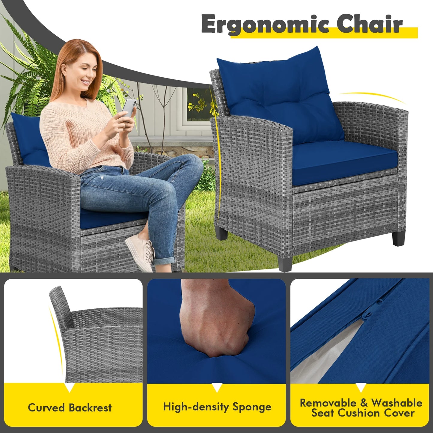 3PCS Patio Rattan Furniture Bistro Set Cushioned Sofas Side Table Armrest Navy