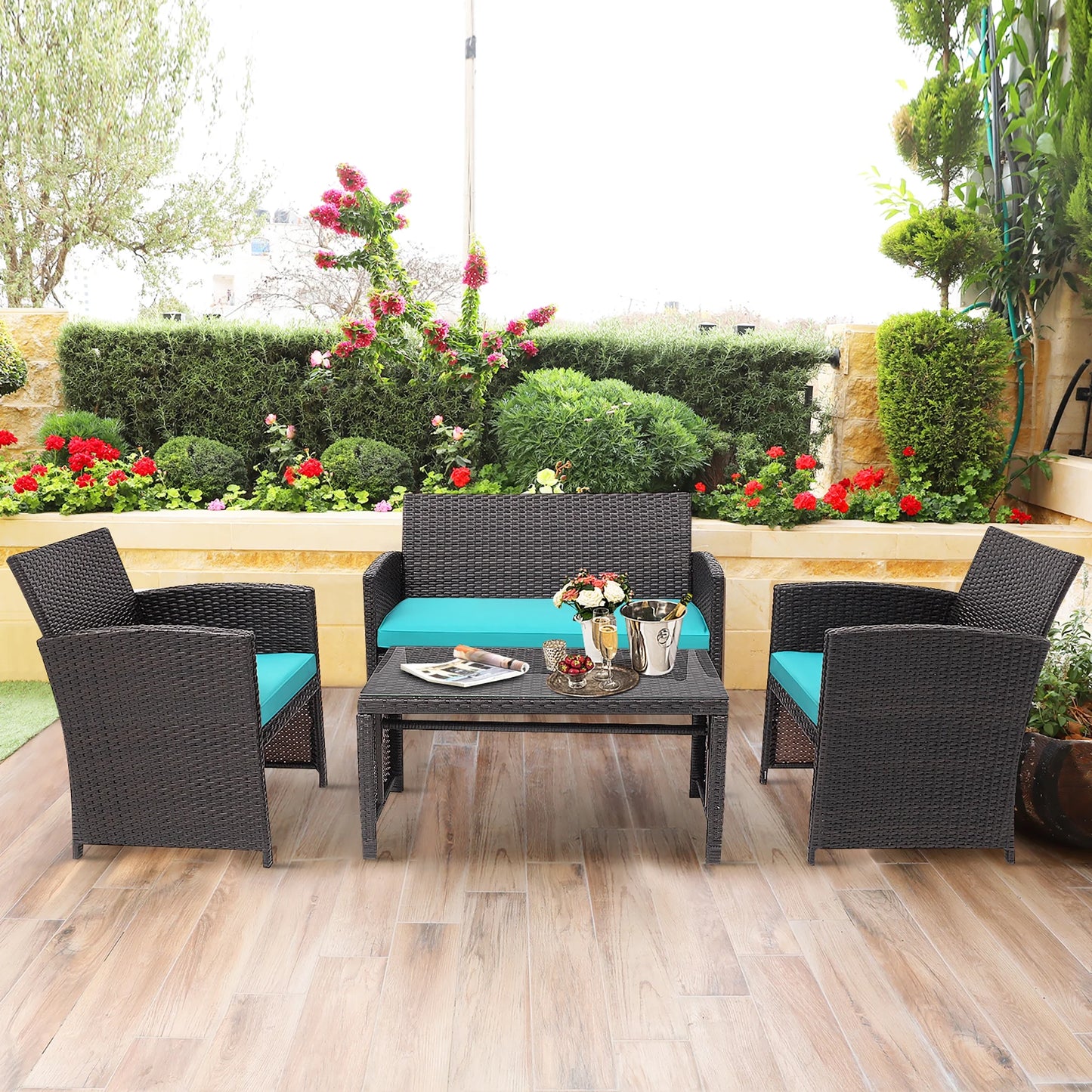 4PCS Patio Rattan Furniture Set Cushioned Chair Sofa Coffee Table Turquoise