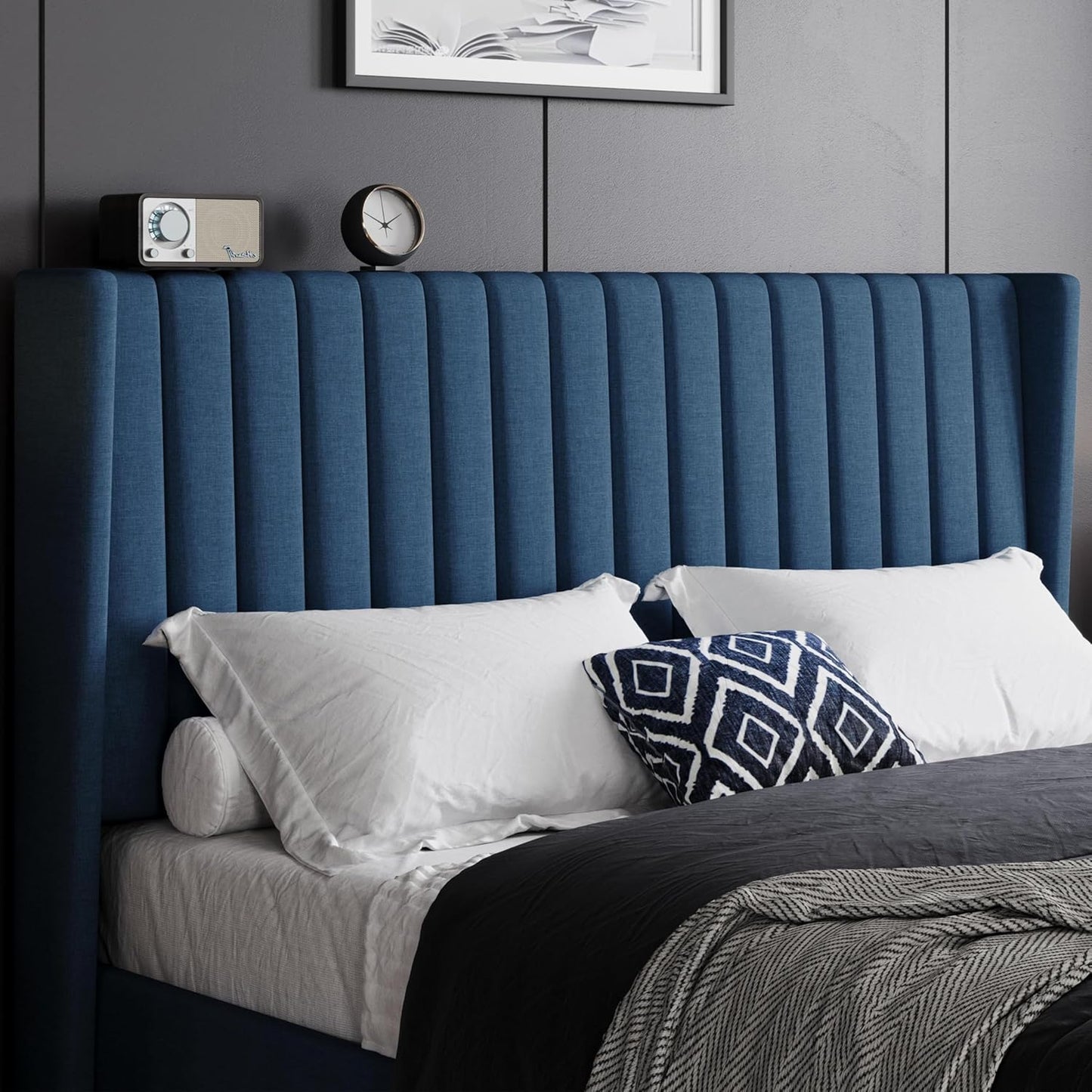 Queen Bed Frame Upholstered Platform Bed with Fabric Headboard, Wing Edge Design/Non-Slip and Noise-Free/Wooden Slats Support/No Box Spring Needed/Easy Assembly, Navy Blue Queen Bed