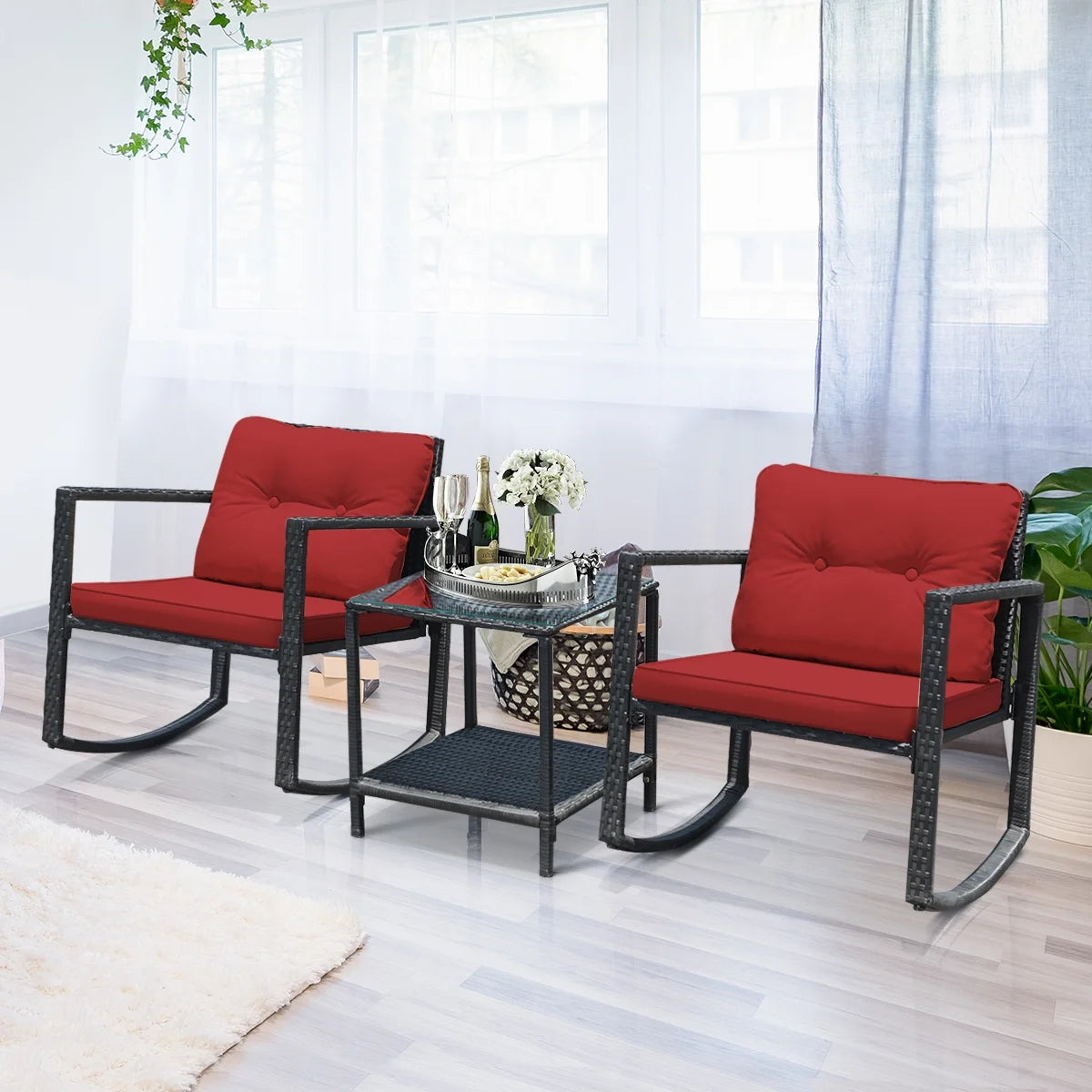 3PCS Patio Rattan Furniture Set Rocking Chairs Cushioned Sofa Gray