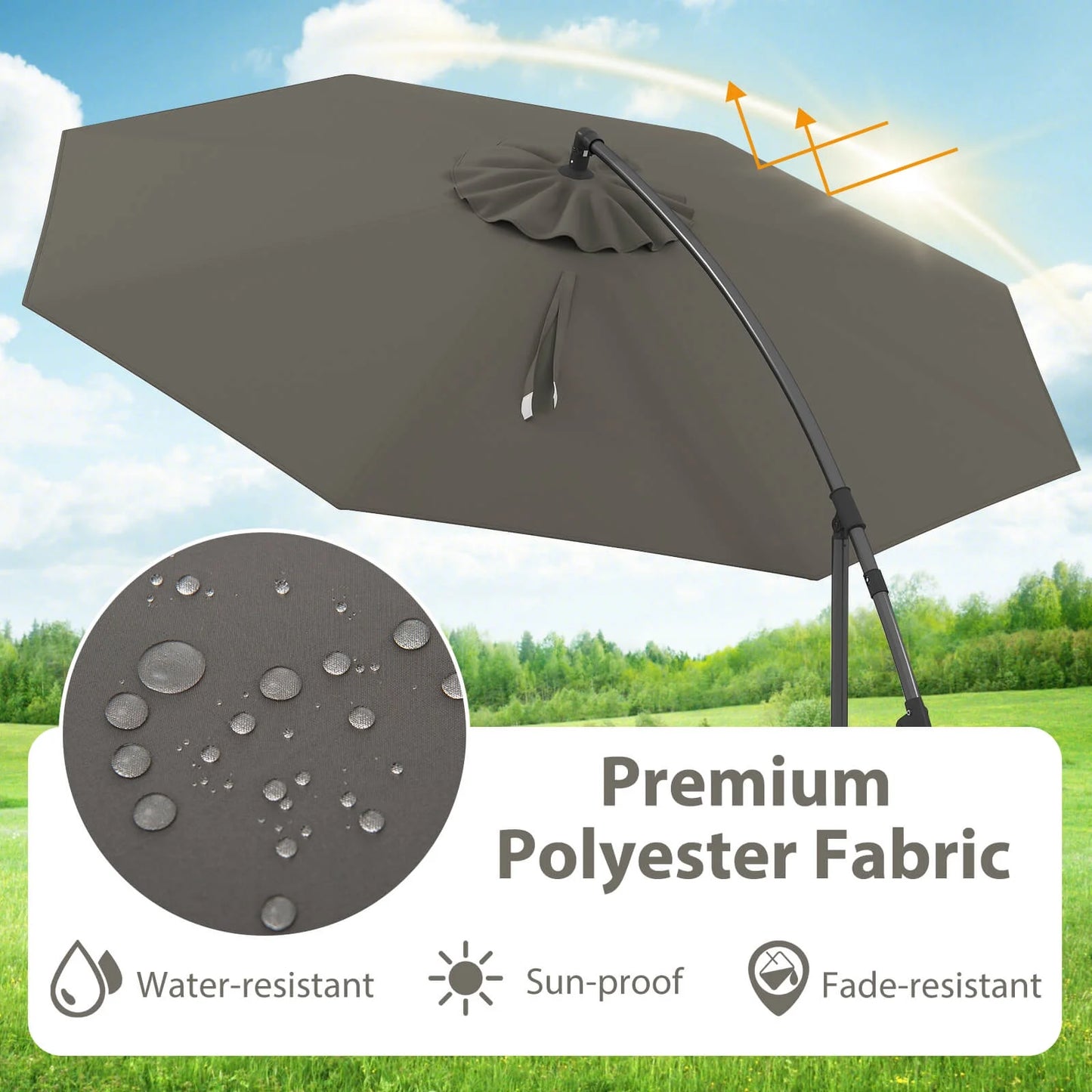 10 FT Patio Offset Umbrella W/8 Ribs Cross Base Tilt Grey