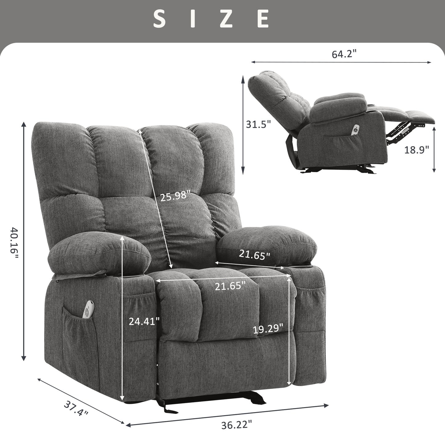 Manual Recliner Chair with Heat Therapy and Massage Function, Heavy Duty Reclining Mechanism Massage Chair, Elderly Single Rocker Sofa with Cup Holders for Bedroom Home Theater,Grey