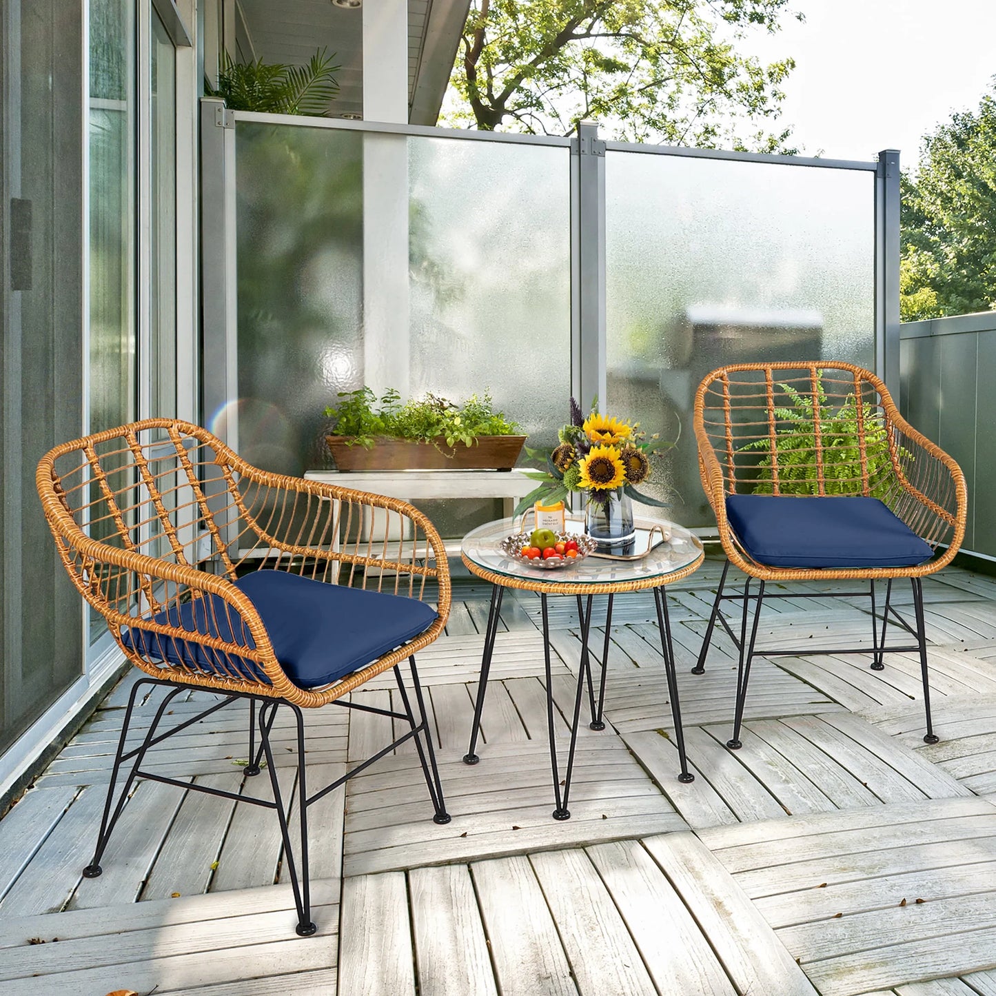 3PCS Patio Rattan Bistro Furniture Set Cushioned Chair Table Grey