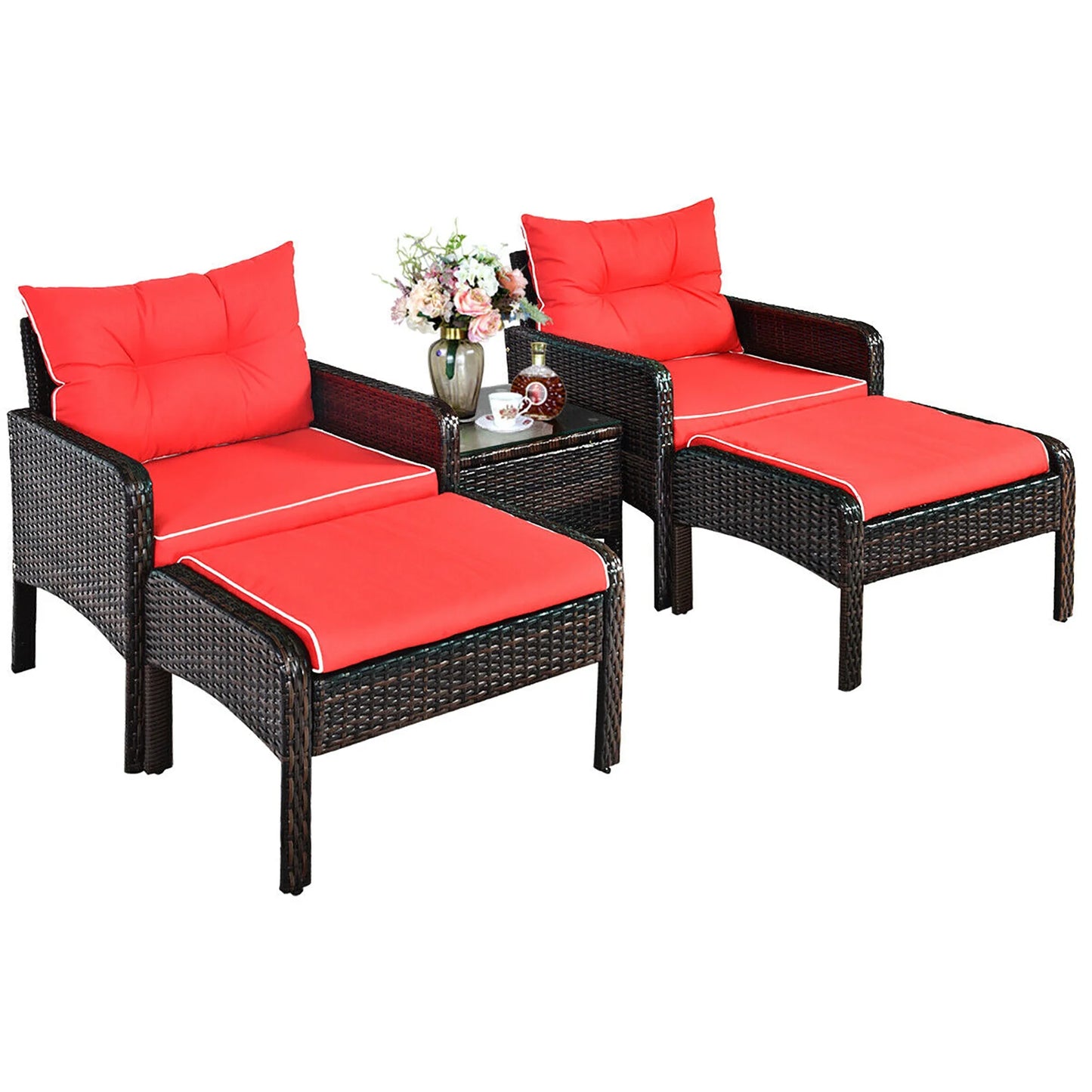 5 PCS Patio Rattan Furniture Set Sofa Ottoman Table Cushioned Yard Red