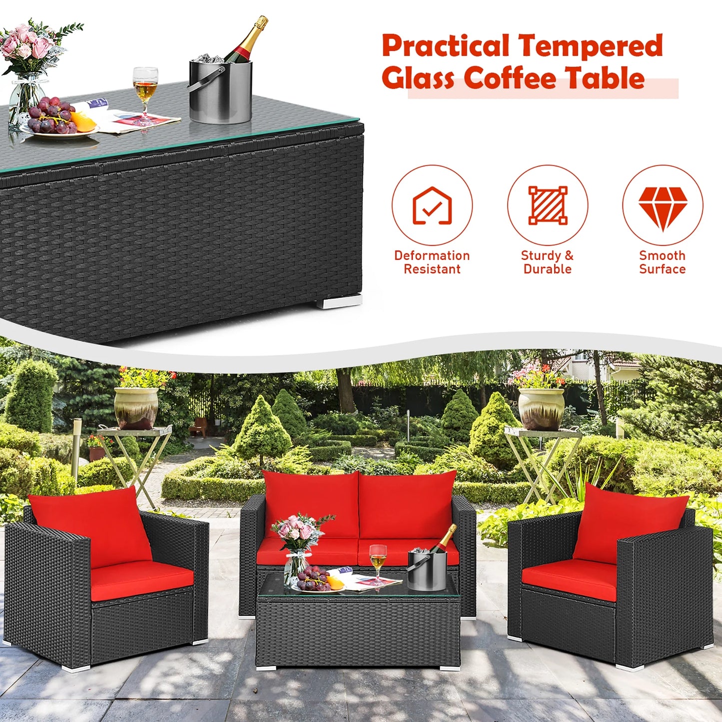 4PCS Patio Rattan Furniture Set Cushioned Sofa Chair Coffee Table Garden Red