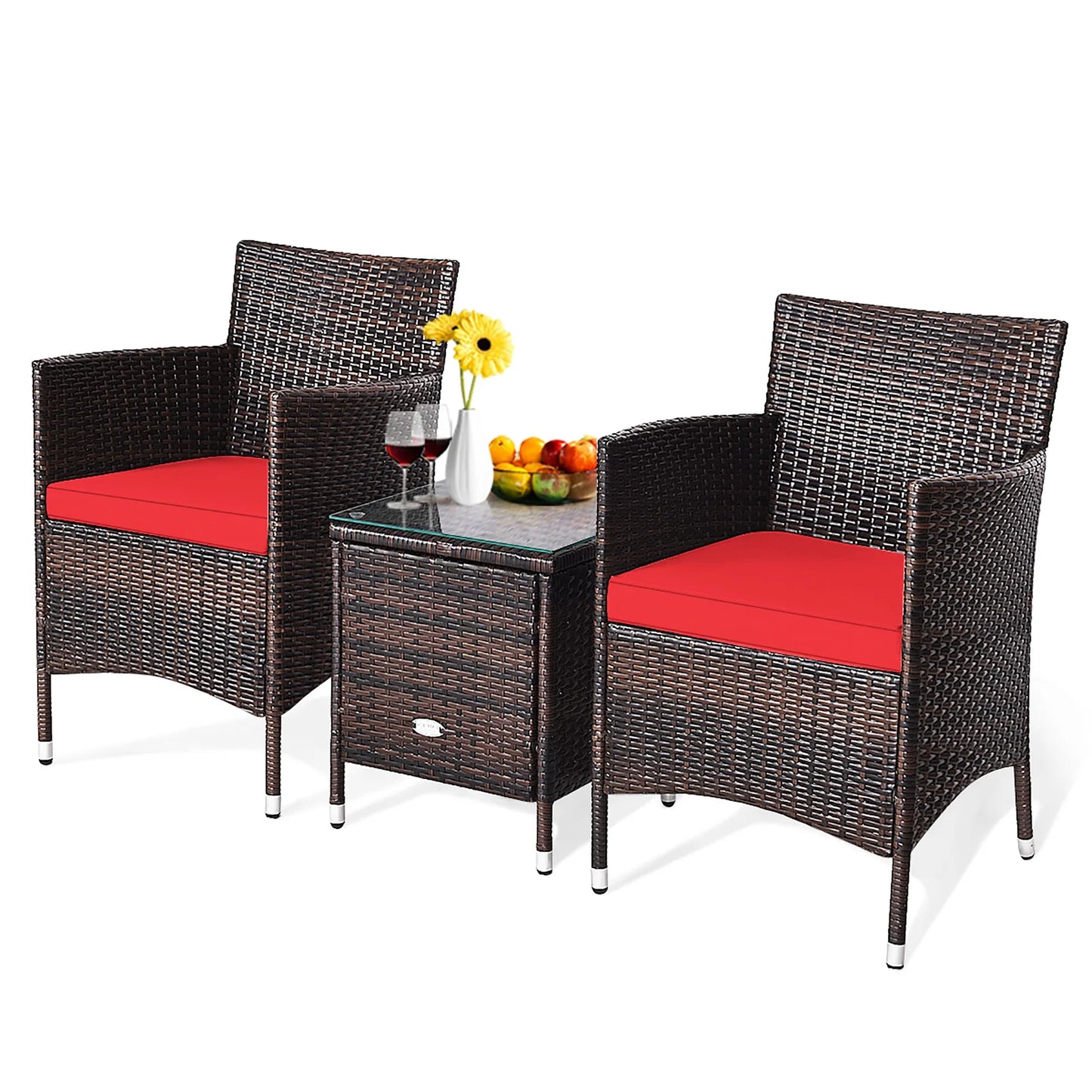 Outdoor 3 PCS PE Rattan Wicker Furniture Sets Chairs Coffee Table Garden Red