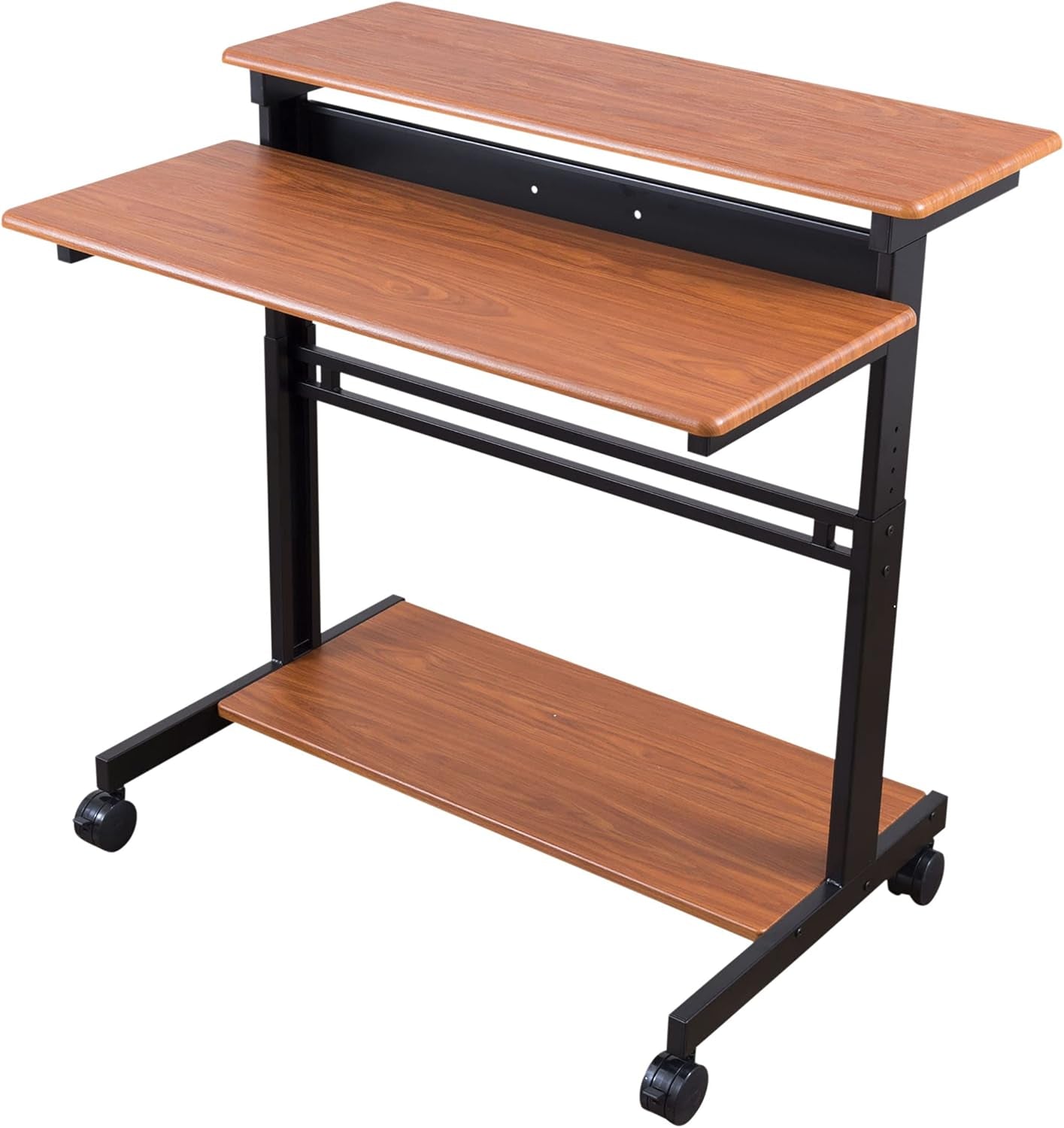 Rolling Adjustable Height Two Tier Standing Desk Computer Workstation (Black Frame/Teak Top, 40" Wide)