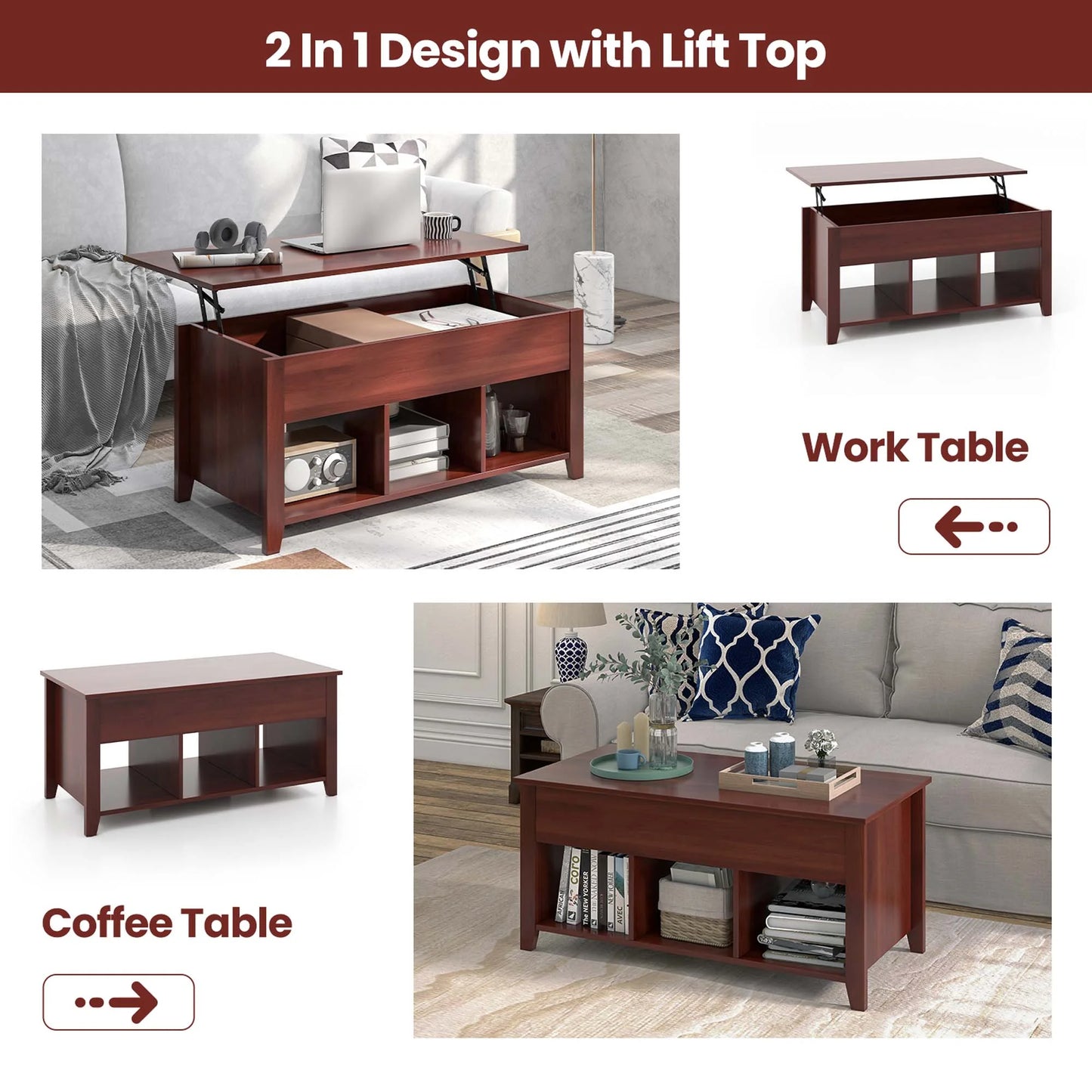 Lift Top Coffee Table W/ Hidden Compartment and Storage Shelves Modern Furniture Brown