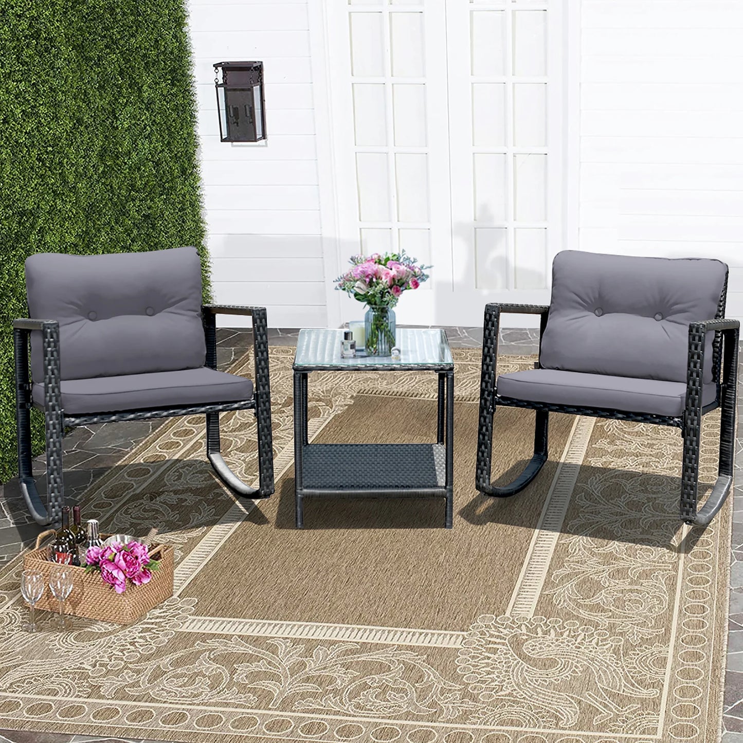 3PCS Patio Rattan Furniture Set Rocking Chairs Cushioned Sofa Gray