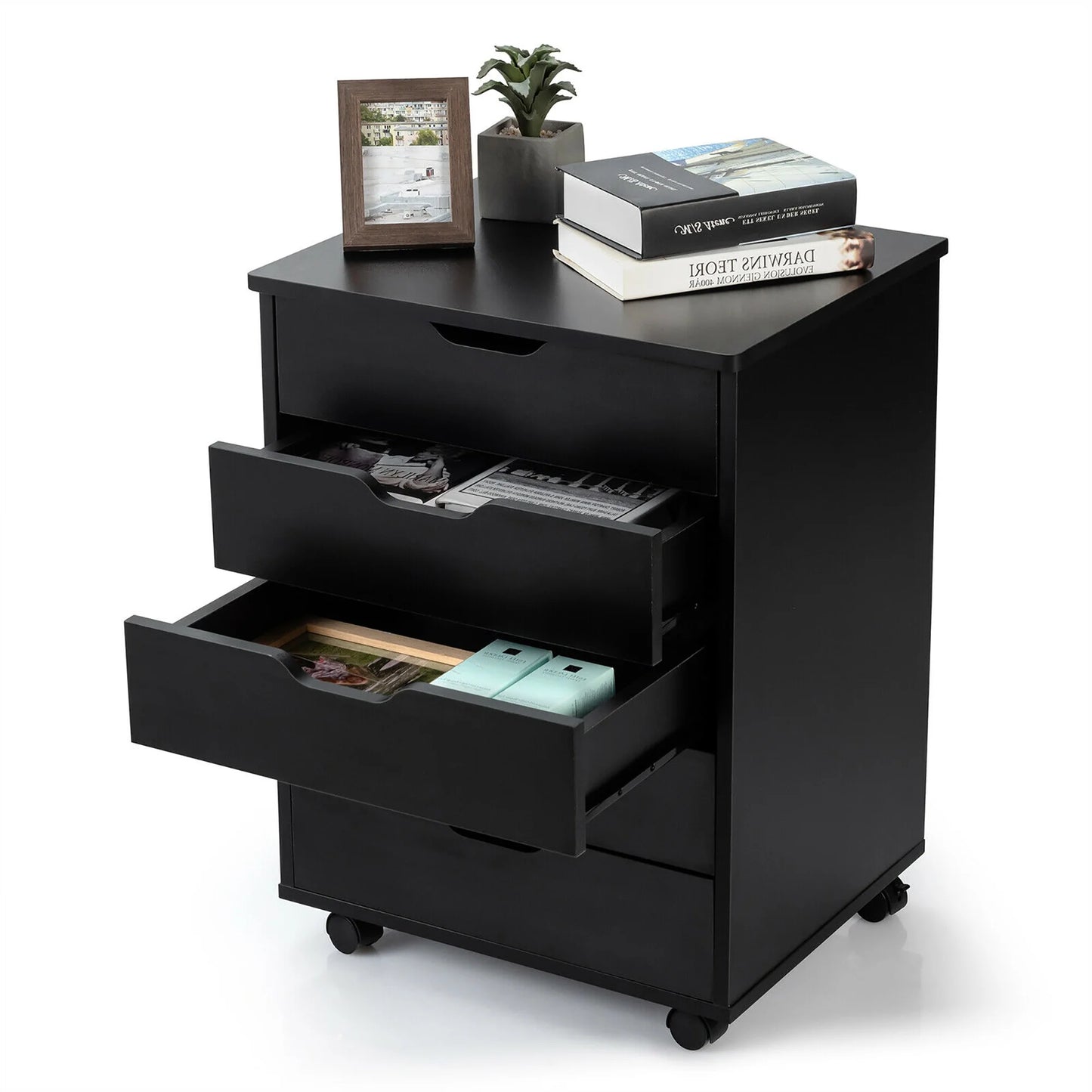 5 Drawer Chest Storage Dresser Floor Cabinet Organizer with Wheels Black