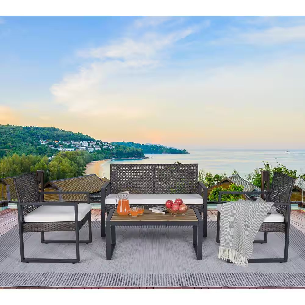 4-Piece Wicker Patio Conversation Set with Cushion, Outdoor Patio Furniture Set with Wood Table Top-Grey Cushions