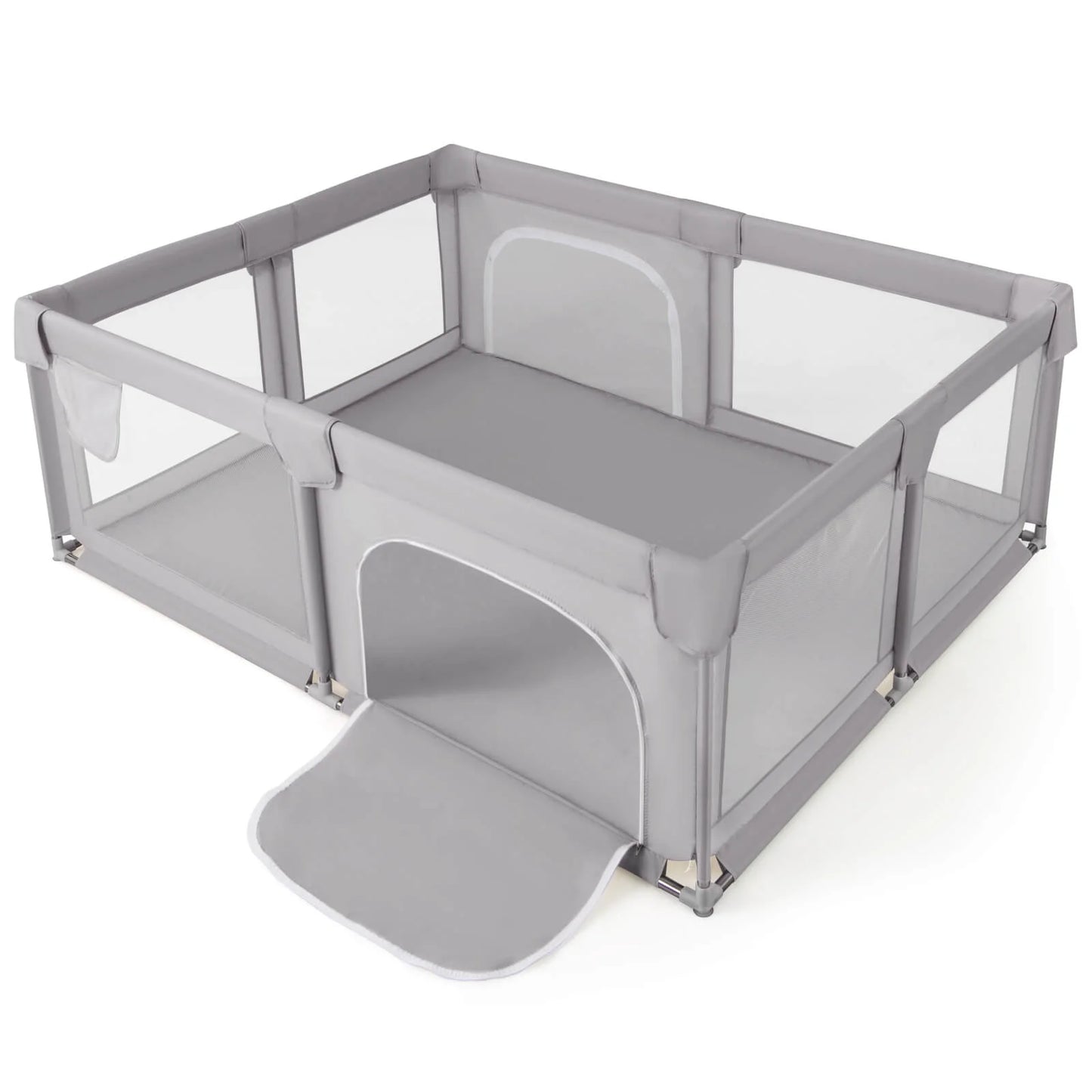 75" X 59" Large Baby Playpen with Breathable Mesh & Zipper Doors Play Yard Fence Gray