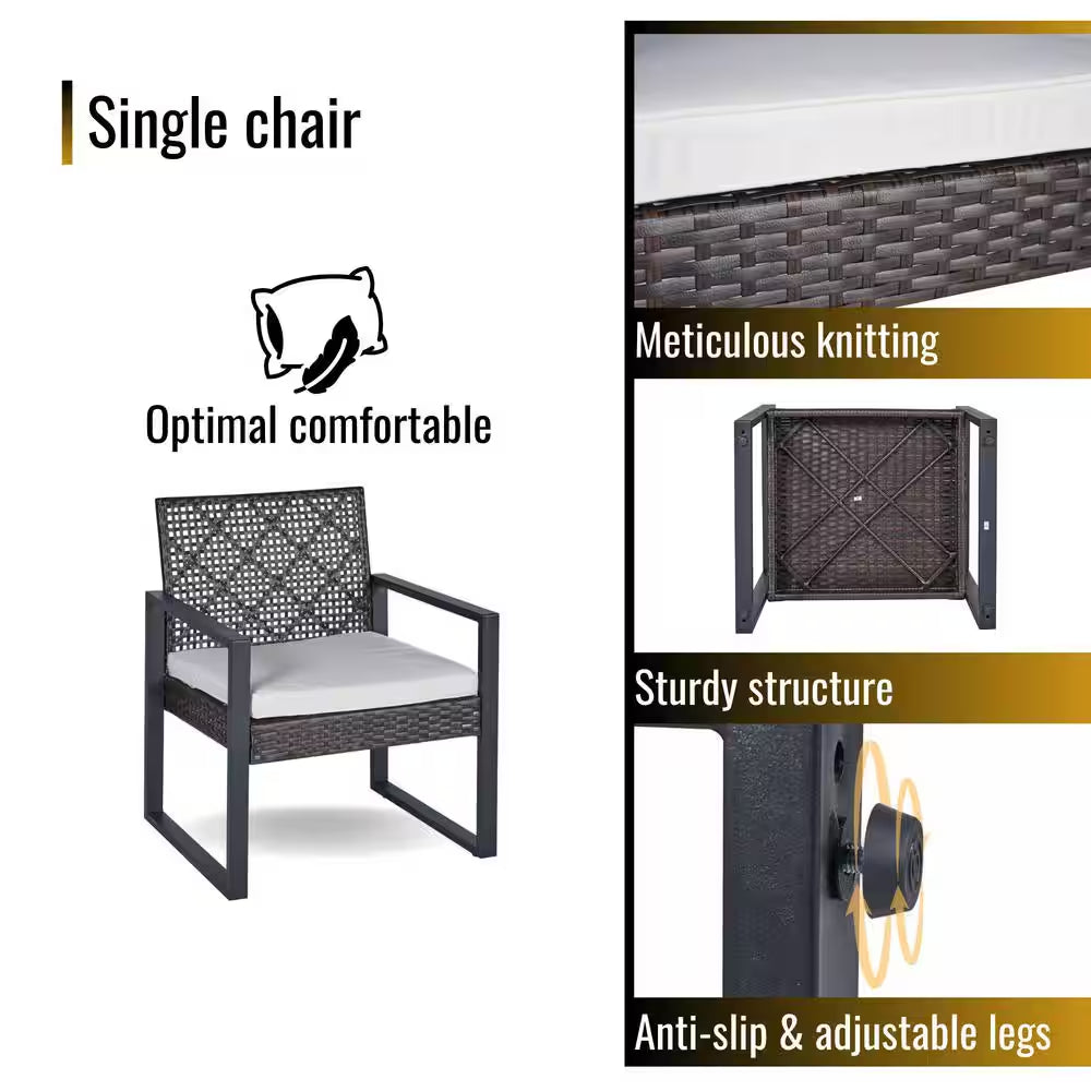 4-Piece Wicker Patio Conversation Set with Cushion, Outdoor Patio Furniture Set with Wood Table Top-Grey Cushions