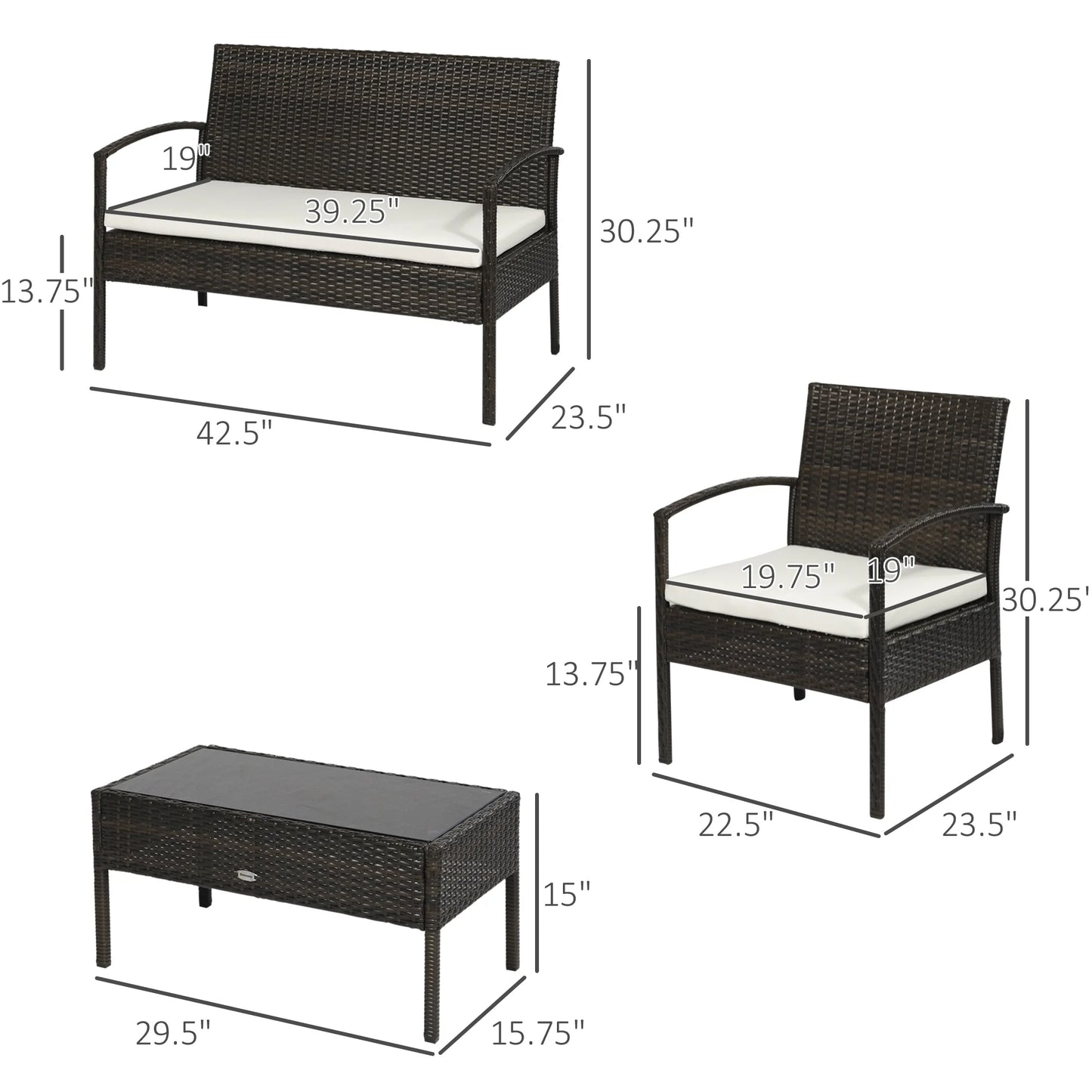 Patio Furniture Set, 4 Piece Indoor Outdoor PE Wicker Conversation Set with Chairs, Loveseat Sofa, Cushions, Glass Table, Brown