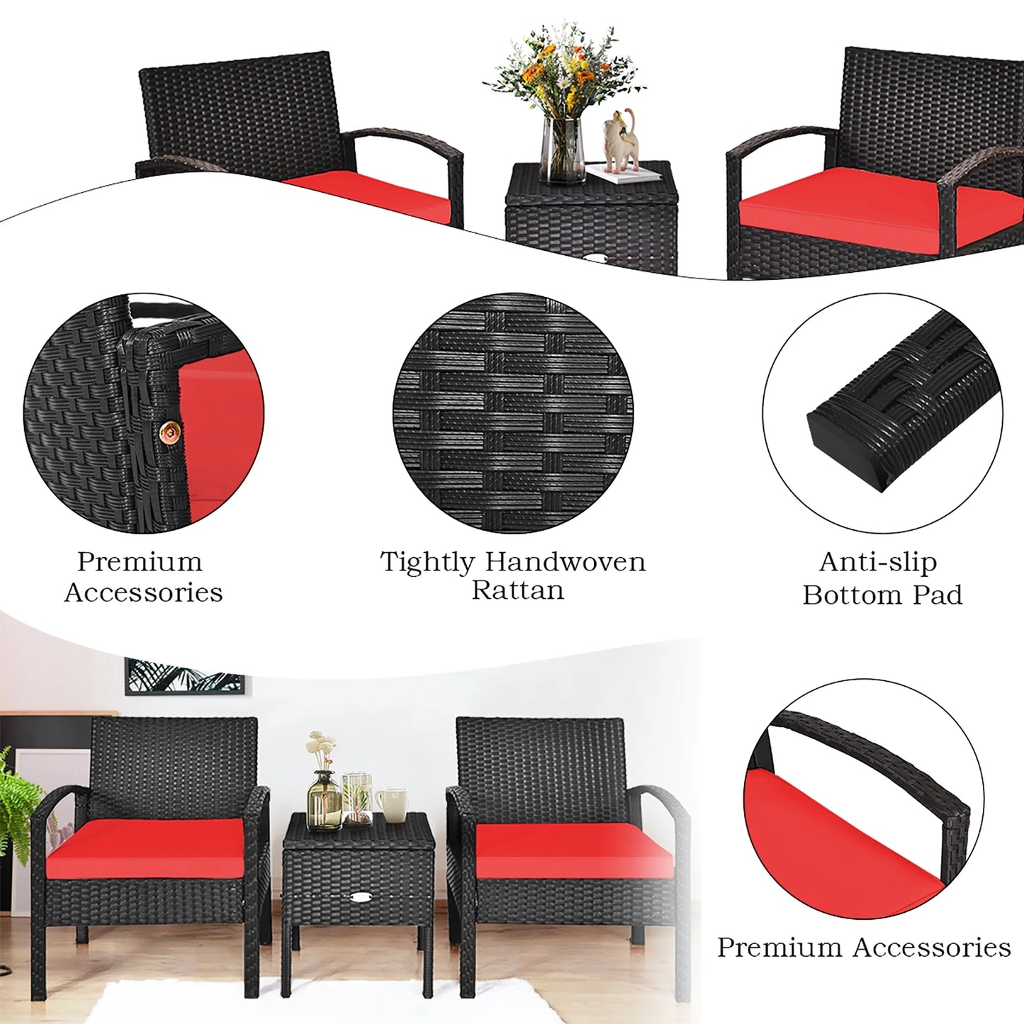 3PCS Patio Rattan Furniture Set Storage Table Cushioned Sofa Deck Red