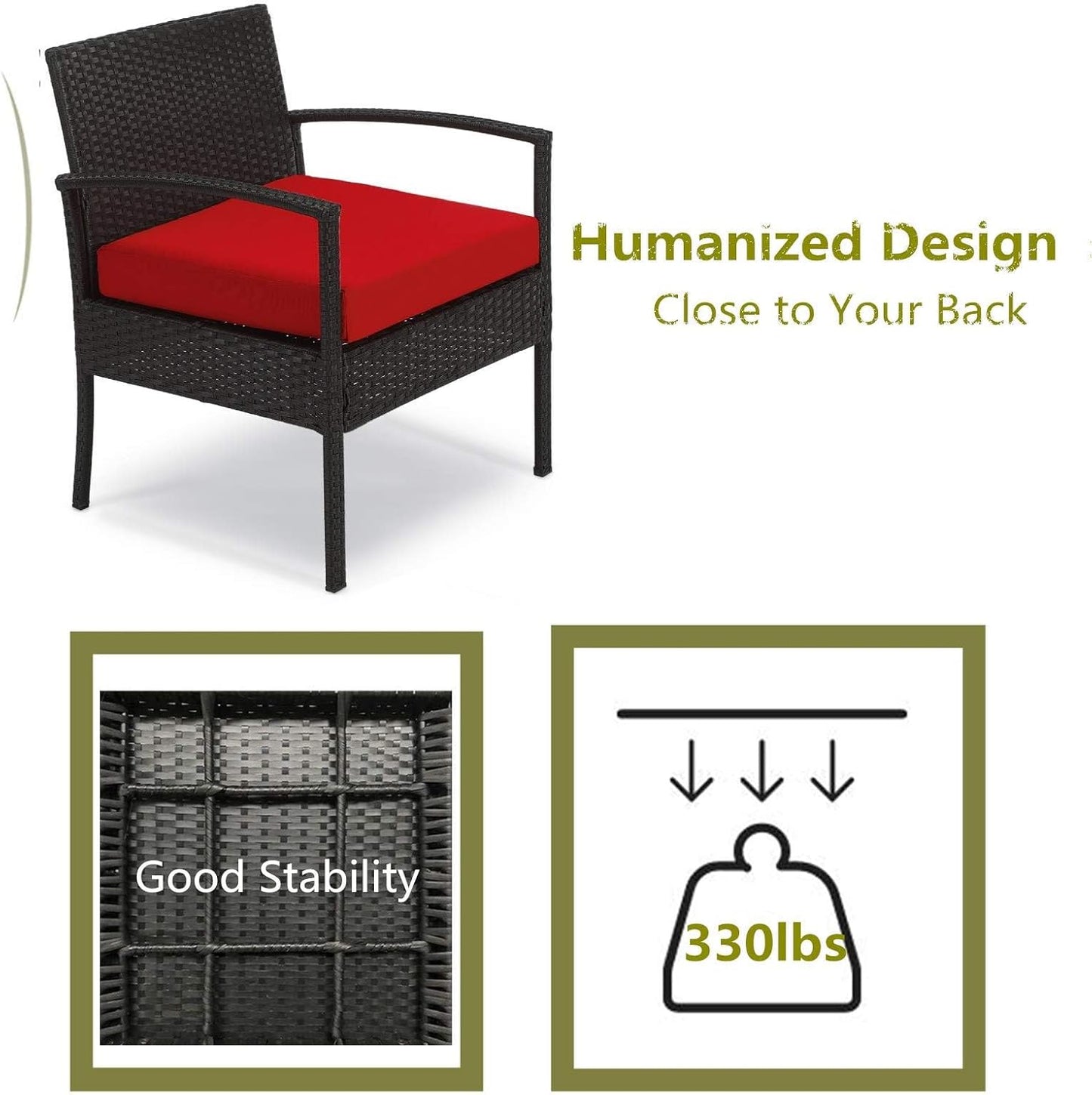 Outdoor Furniture 3 Piece Patio Set Balcony Furniture Outdoor Bistro Set Wicker Chair for Balcony Backyard Porch with Table and Cushions Red