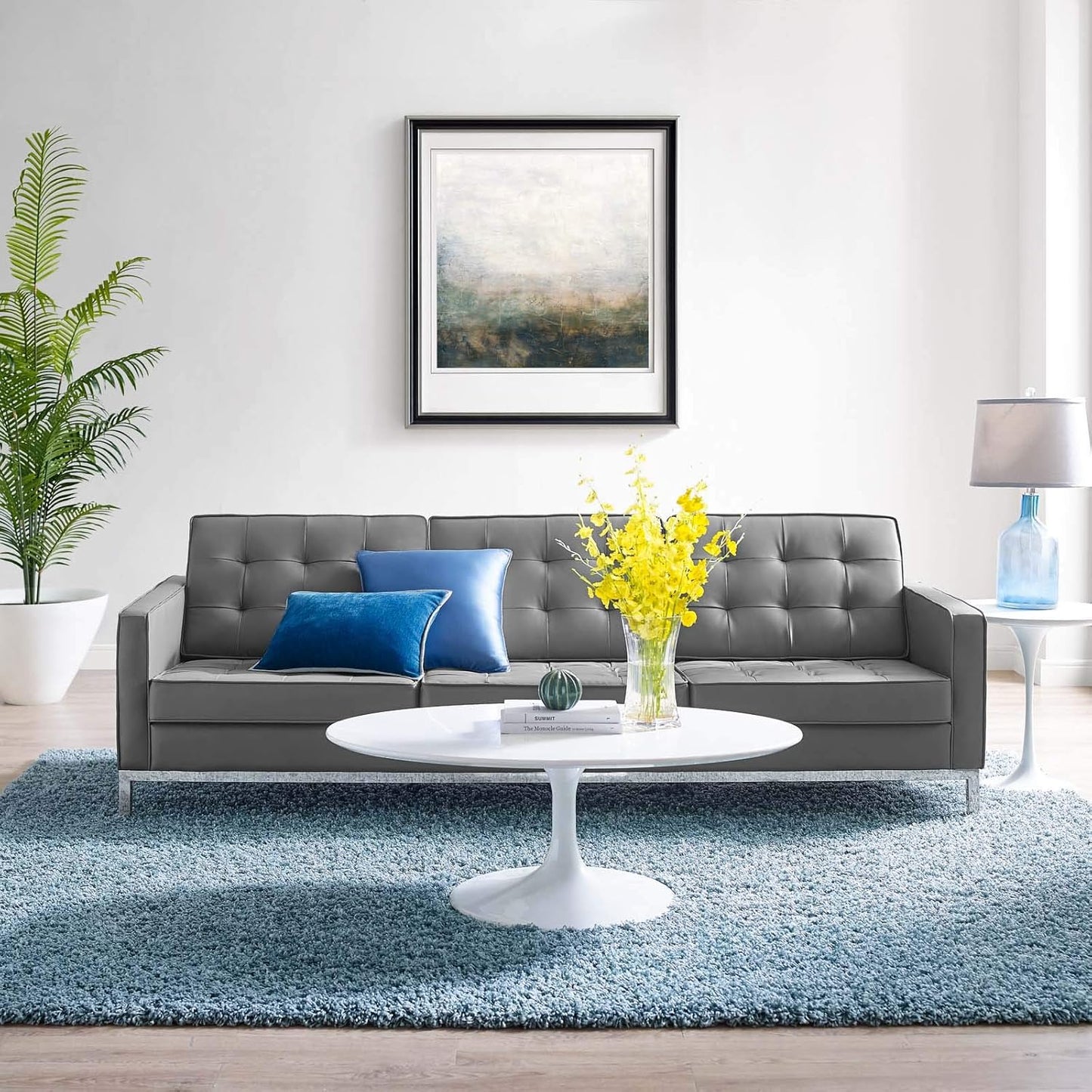 Loft Tufted Button Faux Leather Upholstered Loveseat in Silver Black