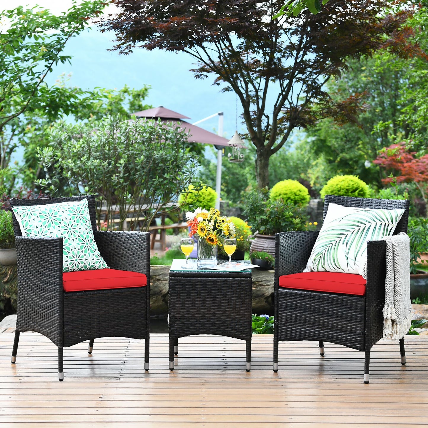 Outdoor 3 PCS PE Rattan Wicker Furniture Sets Chairs Coffee Table Garden Red