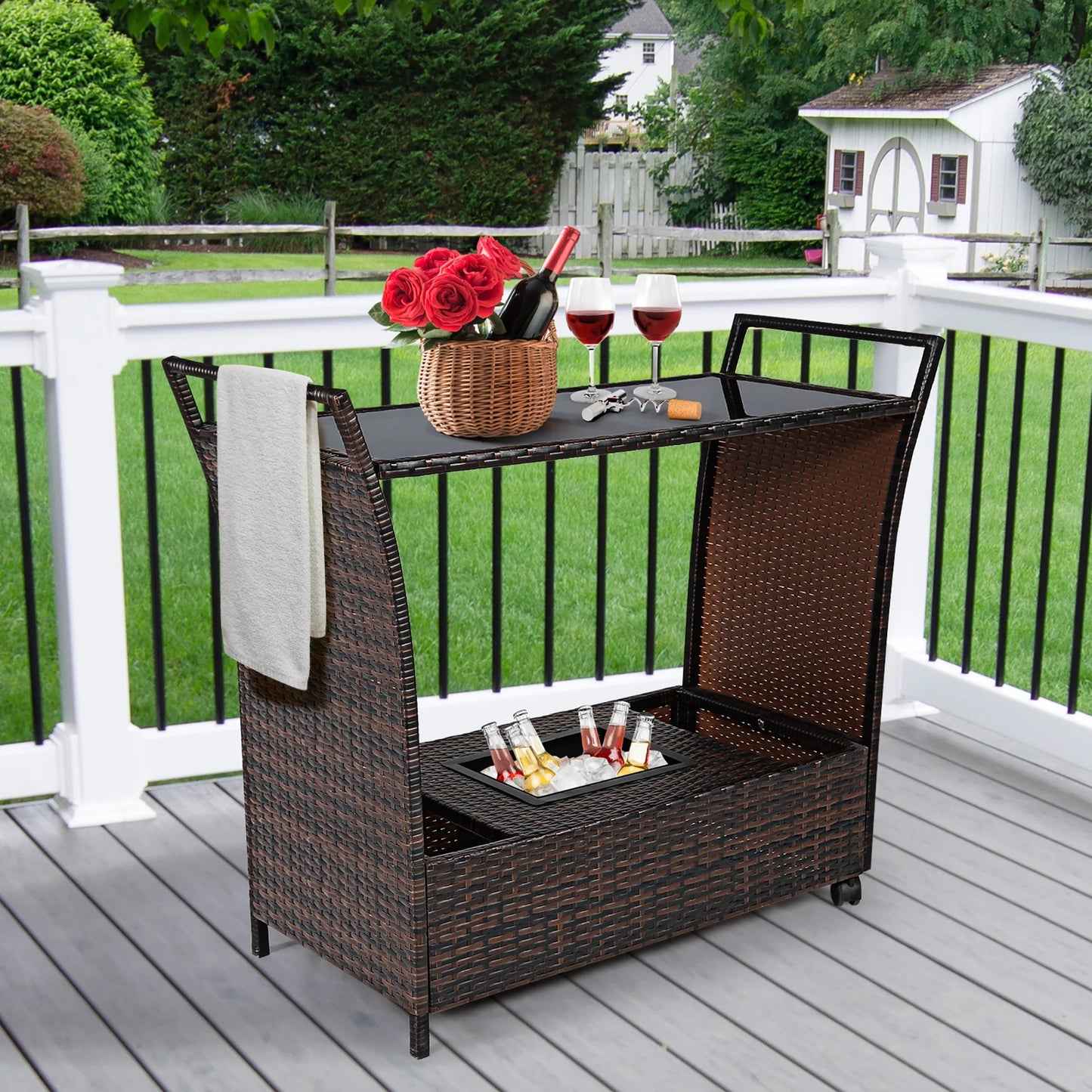 Patio Rolling Rattan Kitchen Trolley Cart Dining Aluminum Frame with Storage Box